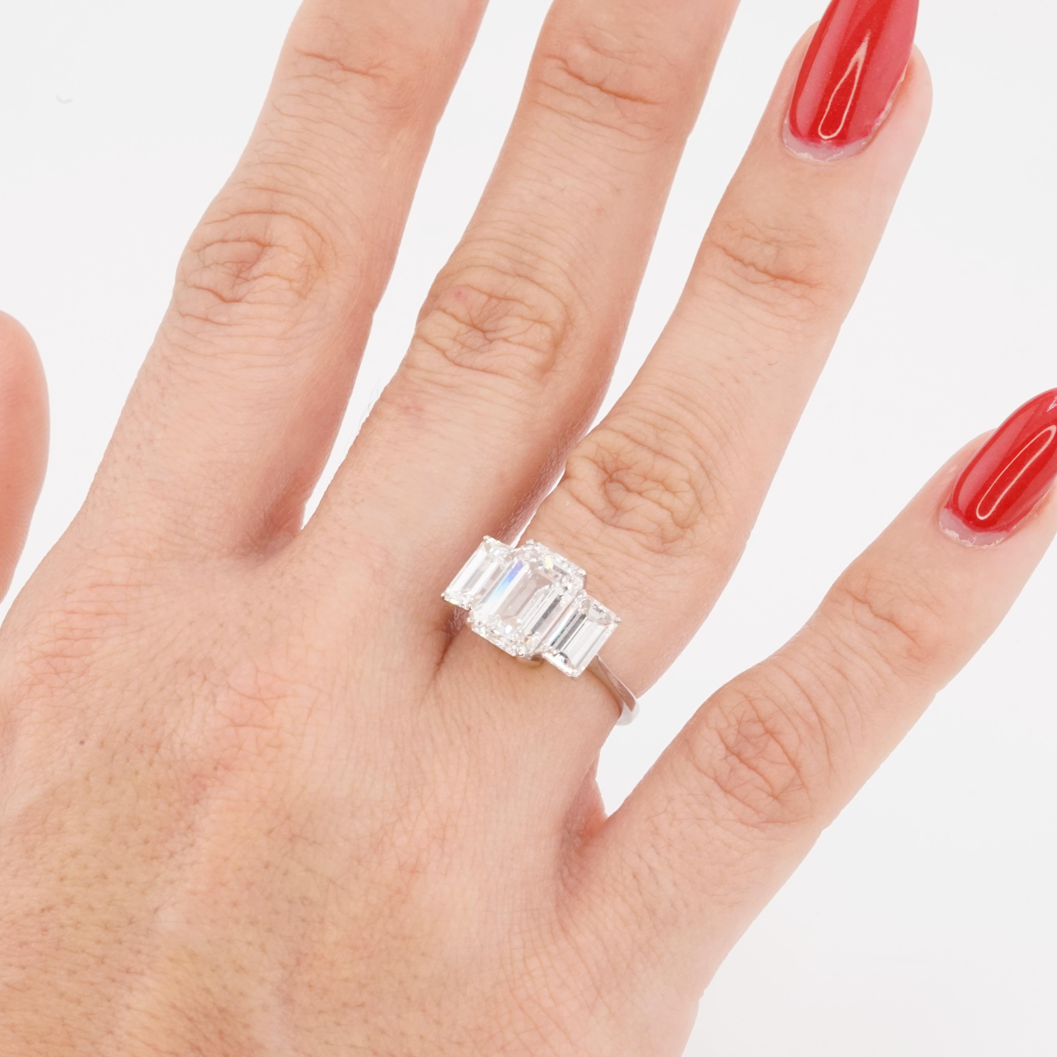 GIA Certified 3 Carat Emerald Cut Diamond Three Stone Engagement Ring In New Condition For Sale In Chicago, IL