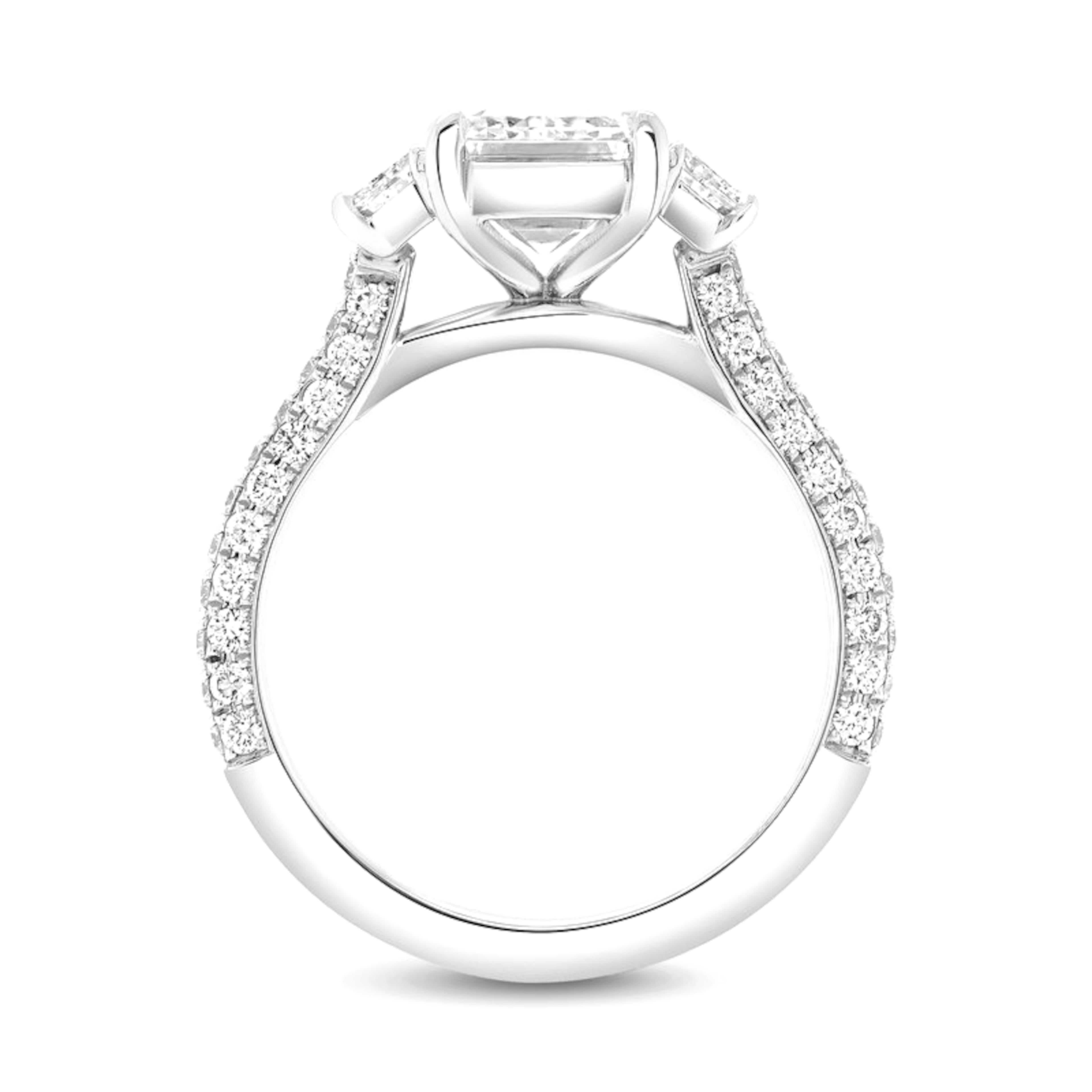 Women's or Men's GIA Certified 3 Carat Emerald Cut Trapezoids Pave Platinum Ring For Sale