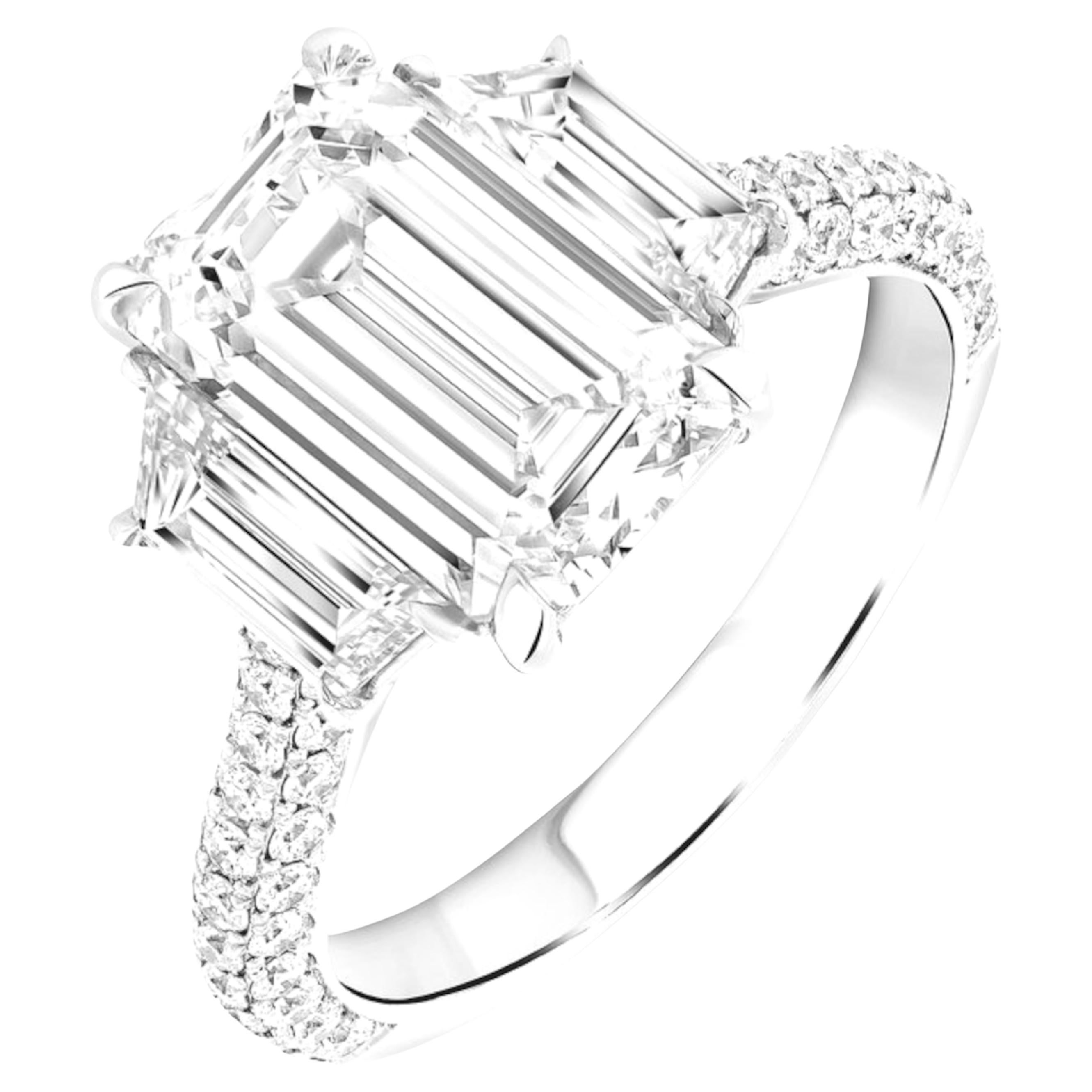 GIA Certified 3 Carat Emerald Cut Trapezoids Pave Platinum Ring