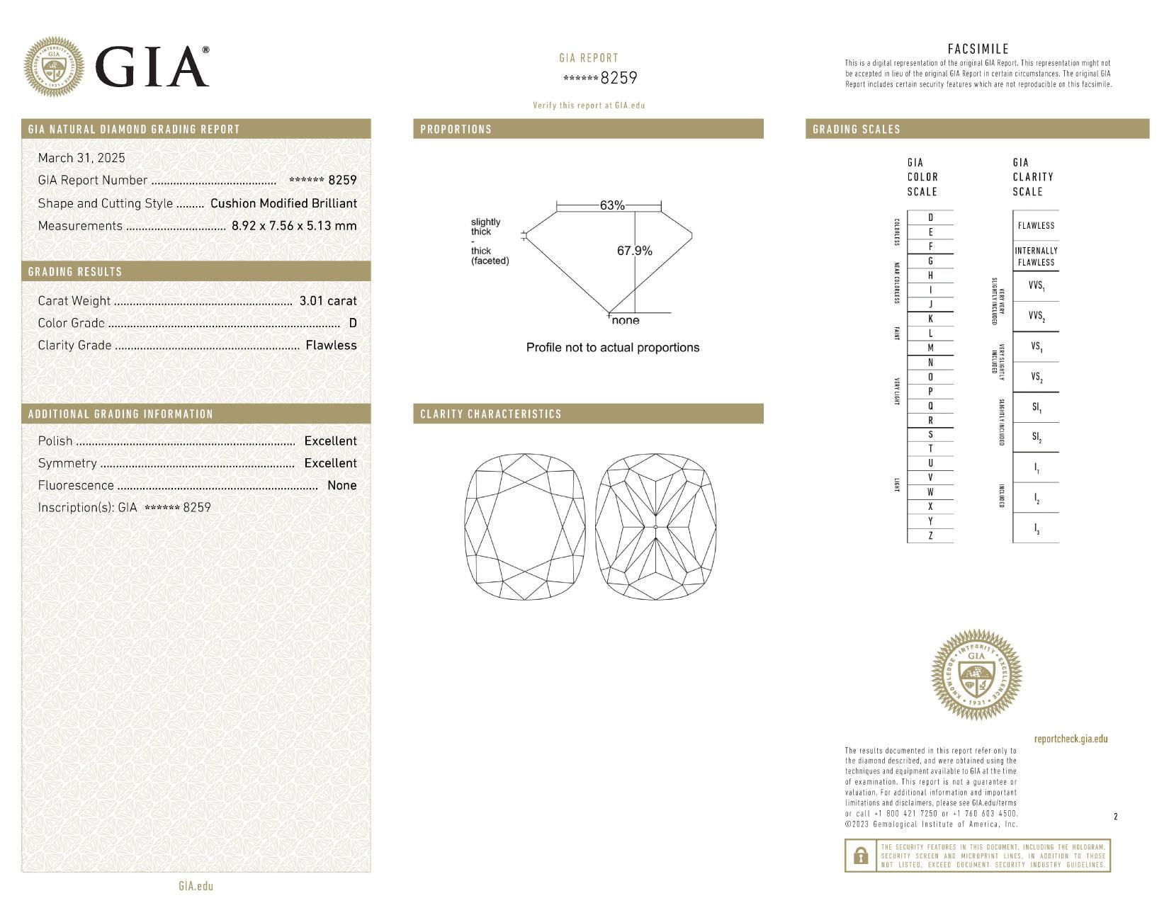 GIA Certified 3.01 Carat Cushion Cut Diamond D Color Flawless Ring in Platinum In New Condition For Sale In Chicago, IL