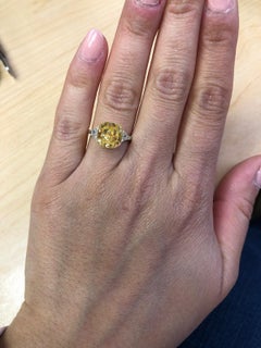 GIA Certified 3 Carat Fancy Intense Yellow Cushion Ring