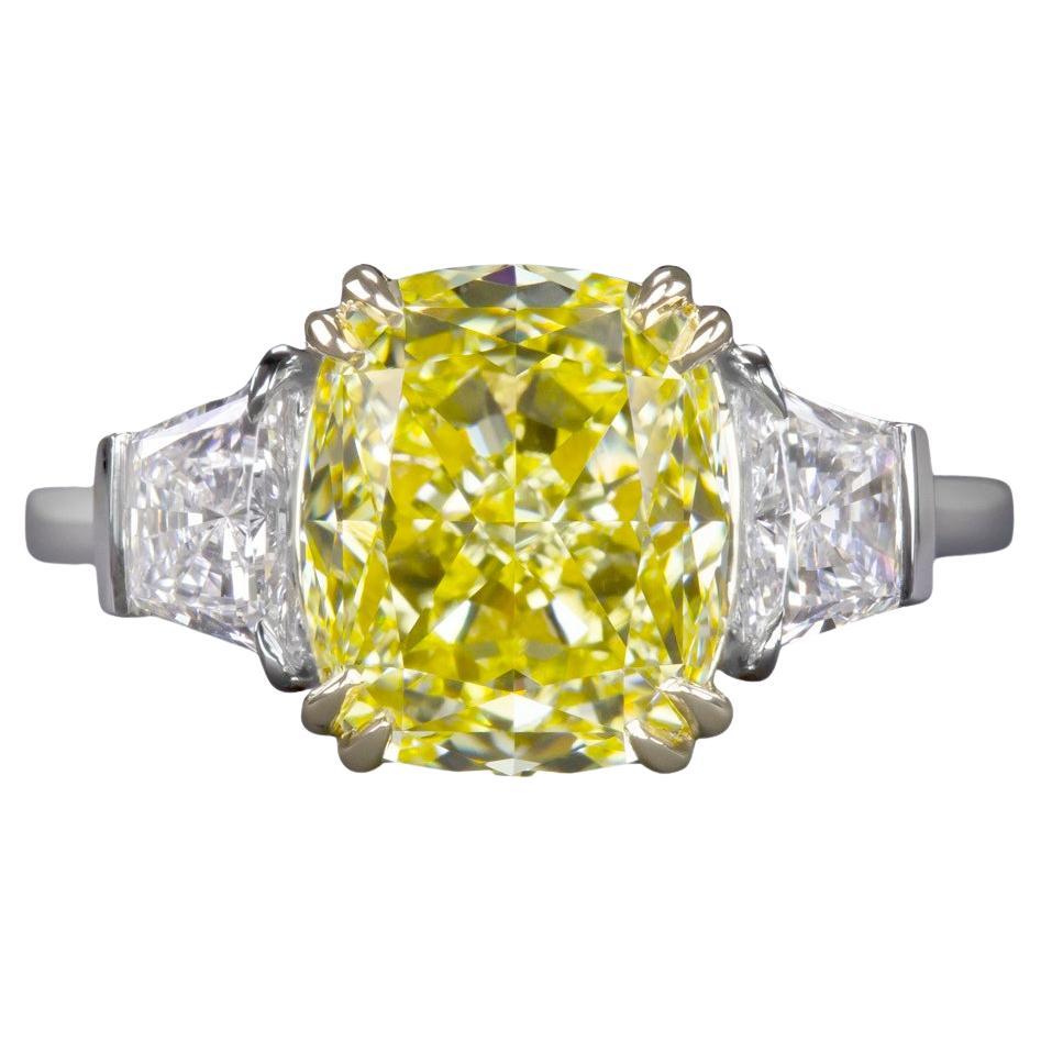 GIA Certified 3 Carat Fancy Intense Yellow Cushion Ring For Sale