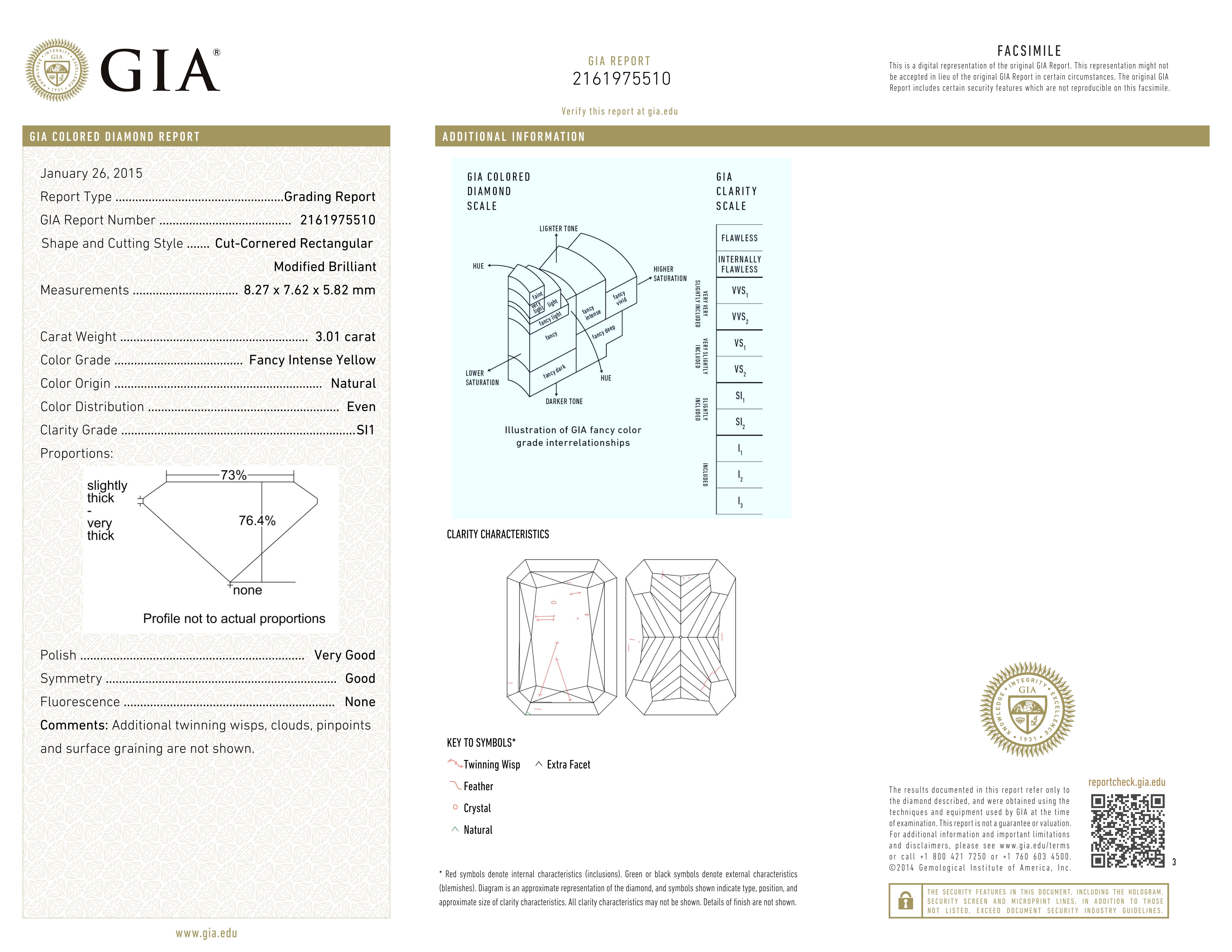a stunning piece of luxury jewelry: a magnificent 3-carat GIA-certified fancy intense yellow radiant-cut diamond that exudes elegance and sophistication. This exquisite diamond boasts flawless clarity, ensuring remarkable brilliance and sparkle,