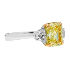 GIA Certified 3 Carat Fancy Light Yellow Cushion Diamond Ring