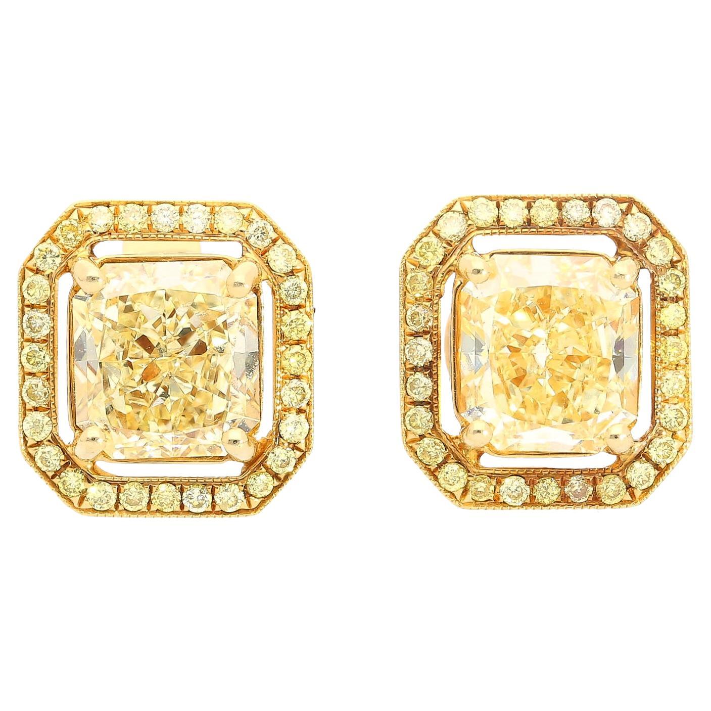 GIA Certified 3 Carat Fancy Light Yellow Diamond Radiant Cut Stud Earrings For Sale