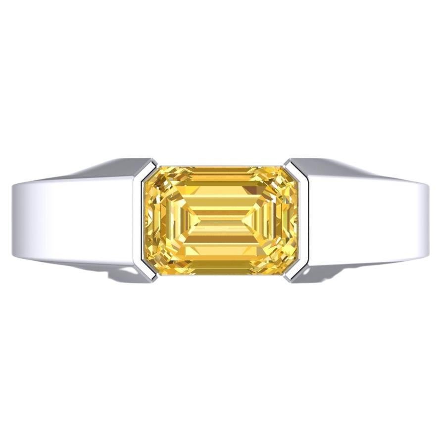 Cushion Cut GIA Certified 3 Carat Fancy Yellow Emerald Cut Band Ring For Sale