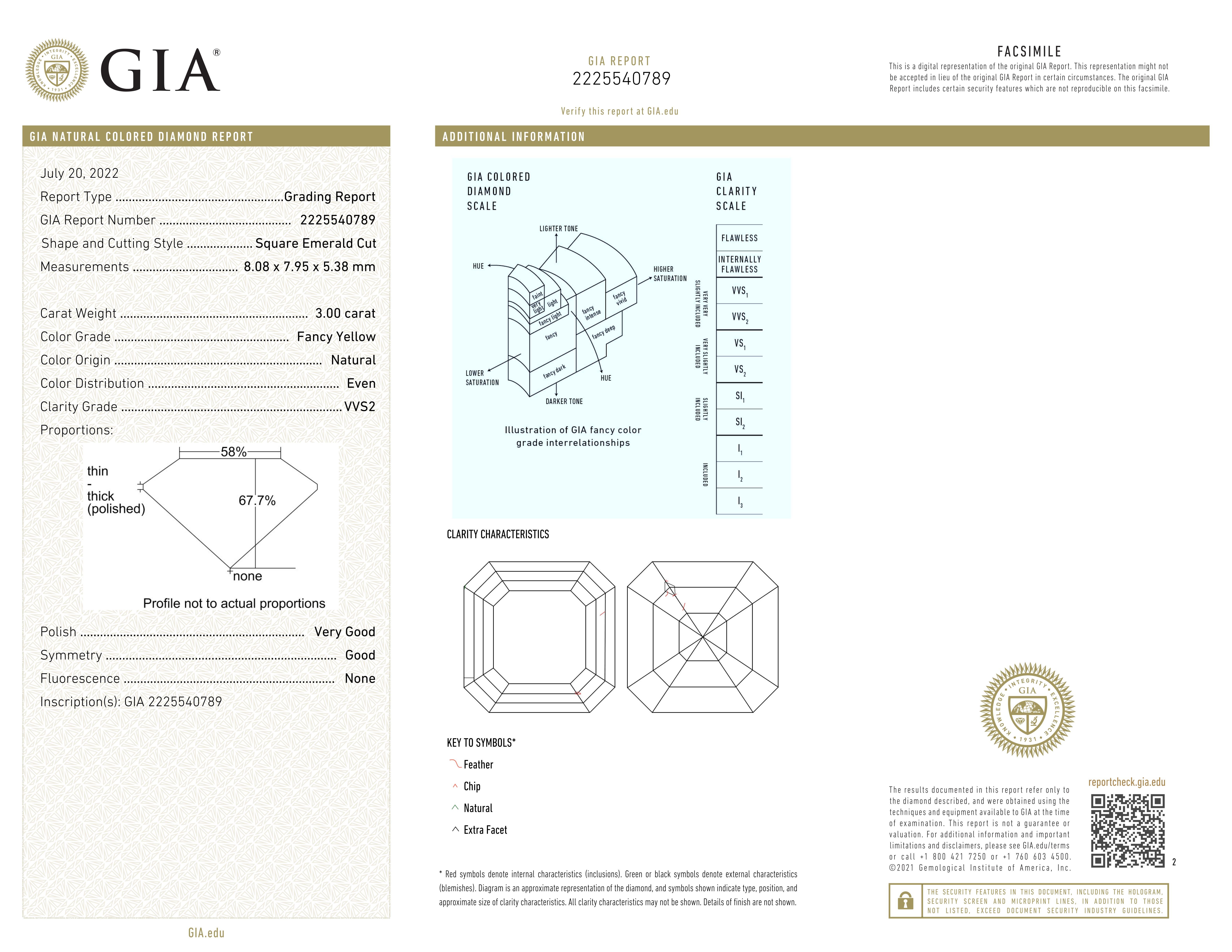 a stunning piece of luxury jewelry: a magnificent 3-carat GIA-certified fancy yellow emerald-cut diamond that exudes elegance and sophistication. This exquisite diamond boasts VVS2 clarity, ensuring remarkable brilliance and sparkle, making it a