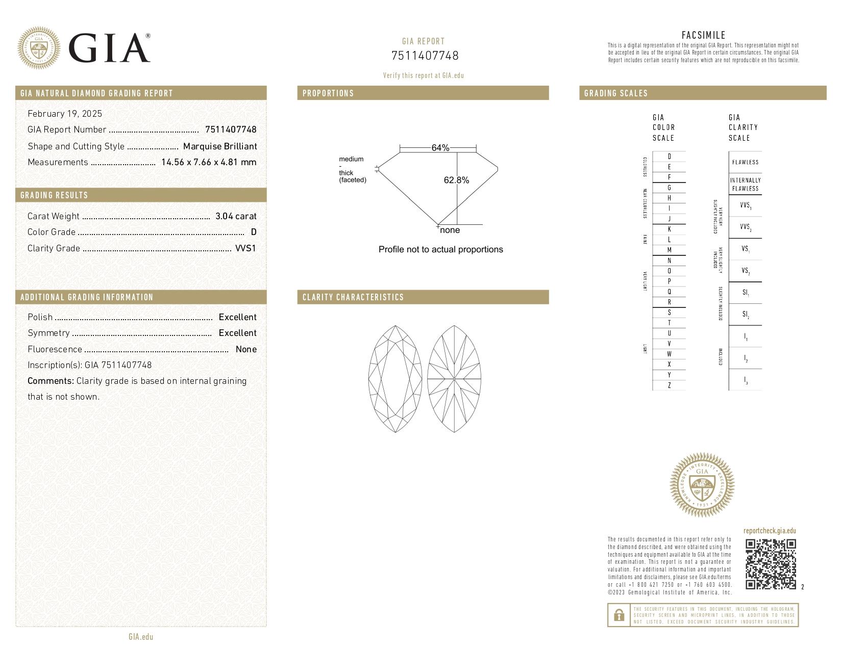 GIA-zertifizierter 3 Karat Marquise-Schliff D Farbe makelloser Reinheit Diamantring Typ 2A (Marquiseschliff) im Angebot