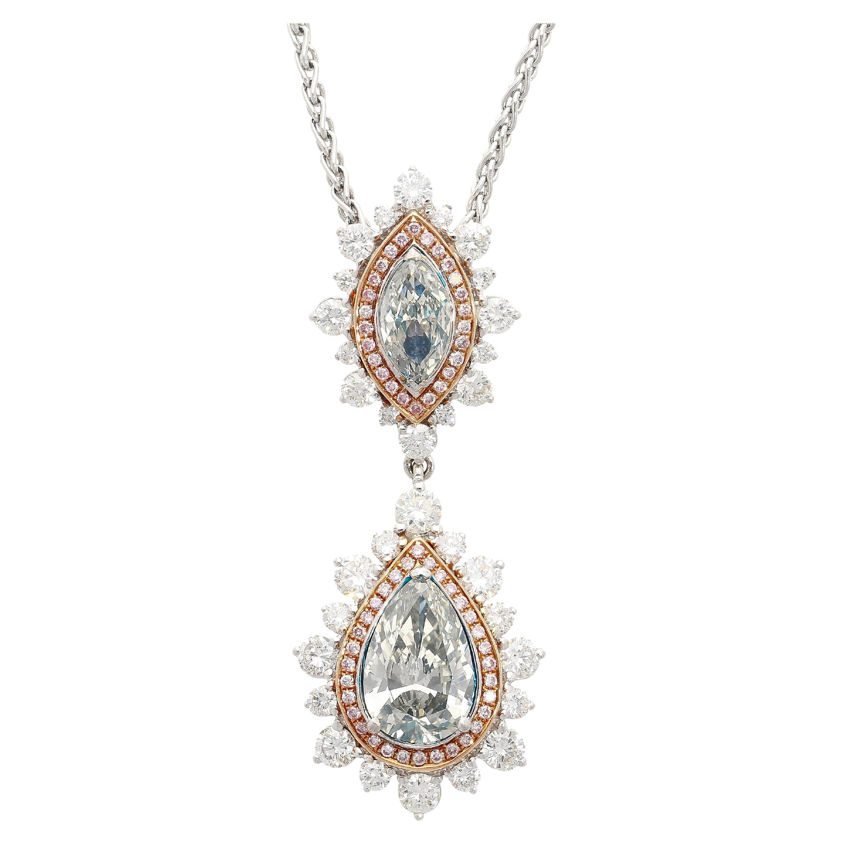 GIA-zertifizierte 3 Karat Marquise & Birnen-Halskette mit ausgefallenem grauem Fancy-Diamant-Tropfen-Anhänger