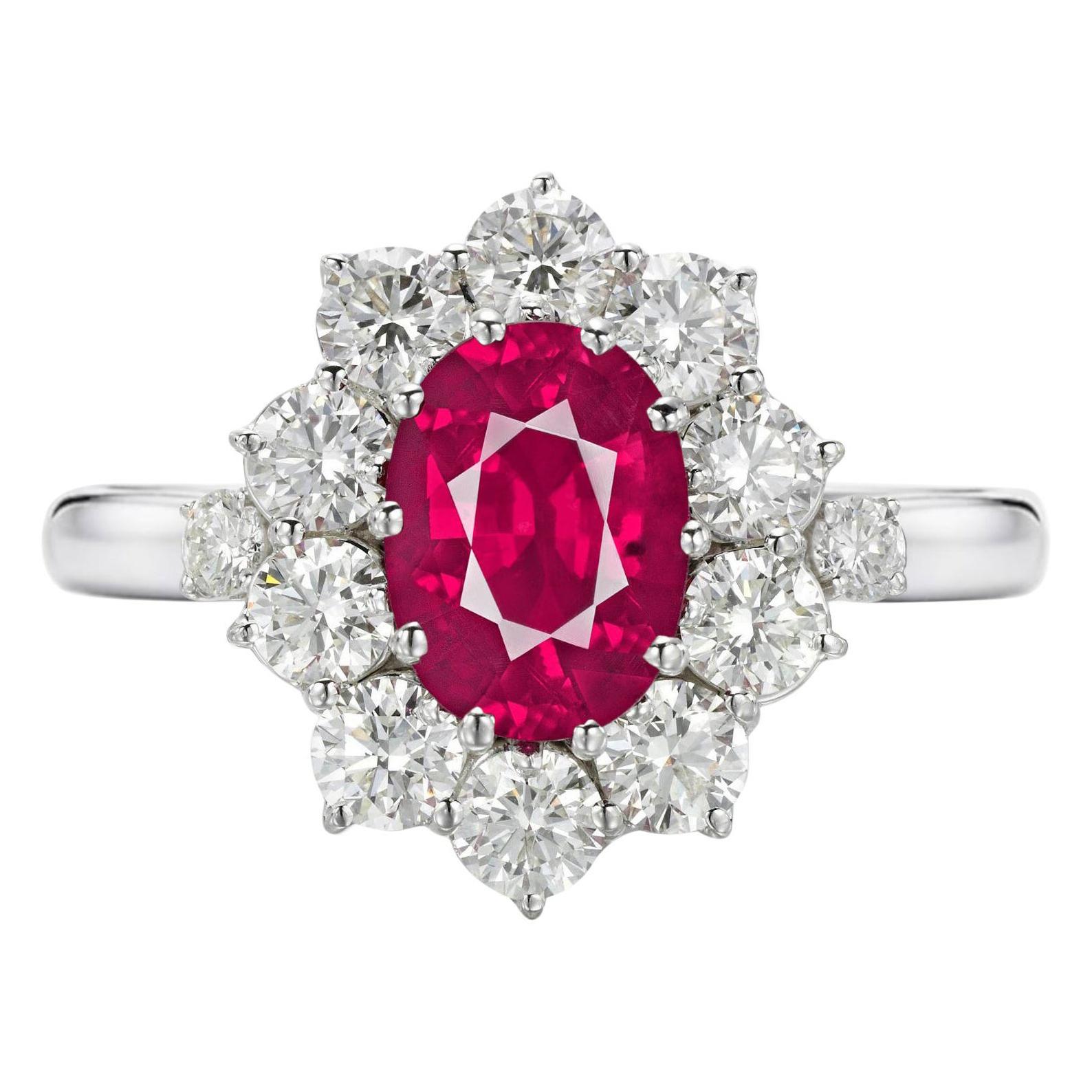 GIA Certified 2 Carat No Heat Red Ruby Diamond Halo Solitaire White Gold Ring