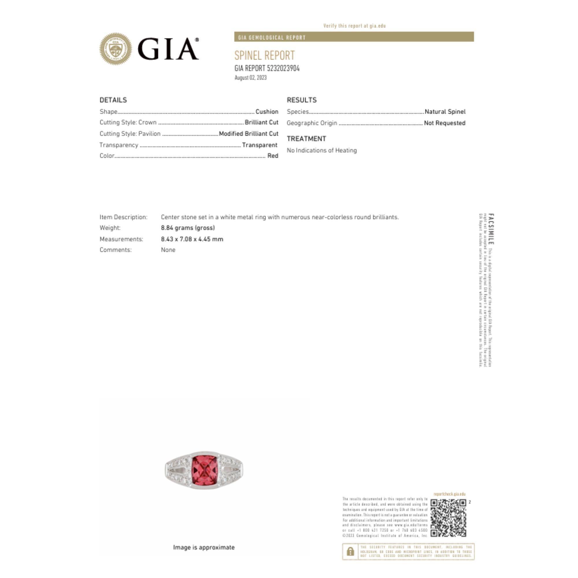Platinring, GIA-zertifizierter 3 Karat unbehandelter roter Spinell & Diamant (Kissenschliff) im Angebot