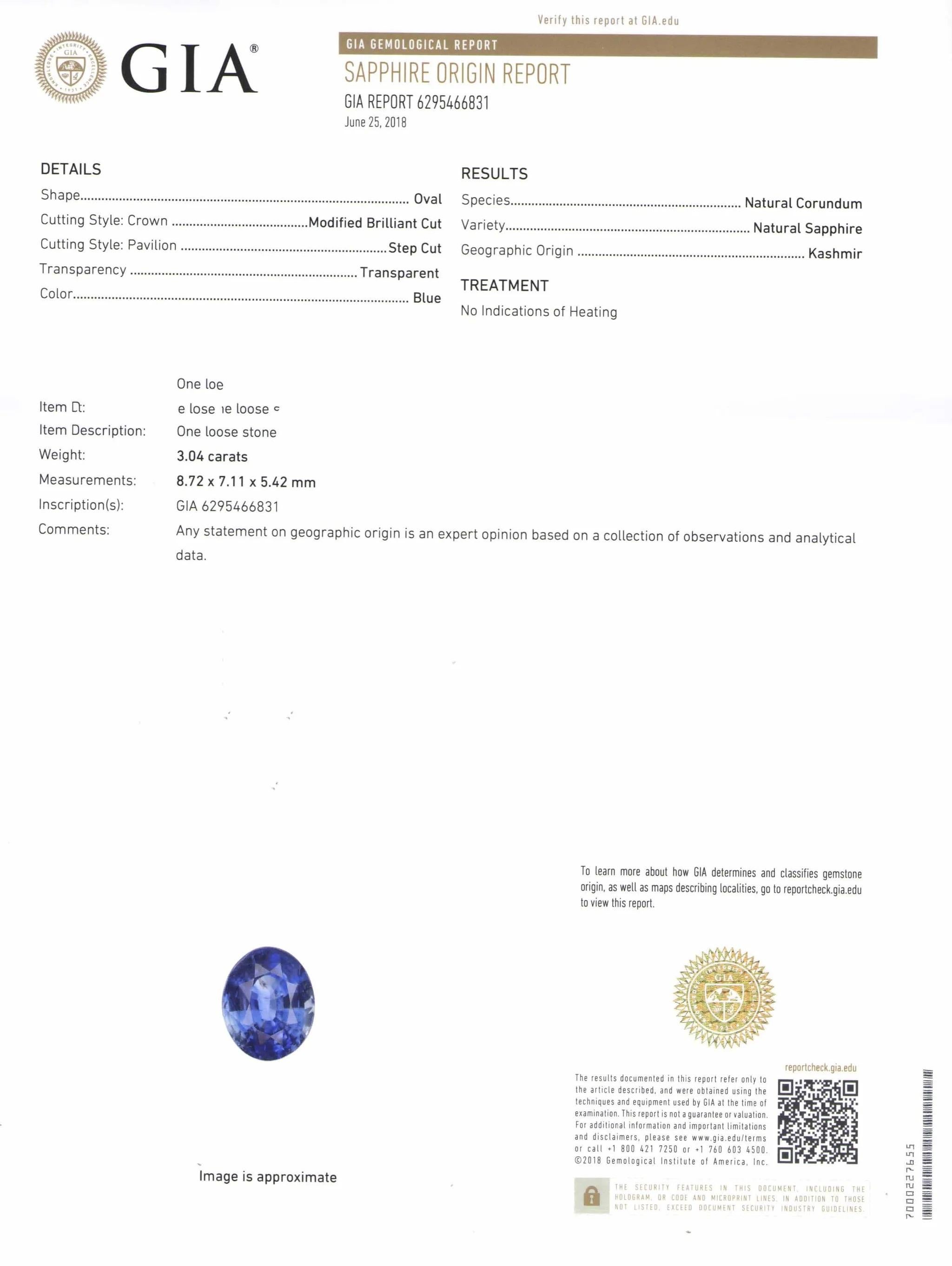 Oval Cut GIA Certified 3 Carat No Heat Royal Blue Kashmir Cushion Sapphire Ring For Sale