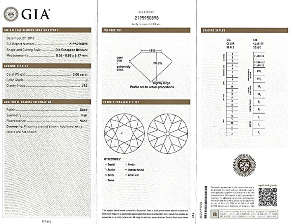 GIA-zertifizierter 3 Karat alter europäischer Diamant-Verlobungsring (Alteuropäischer Schliff) im Angebot