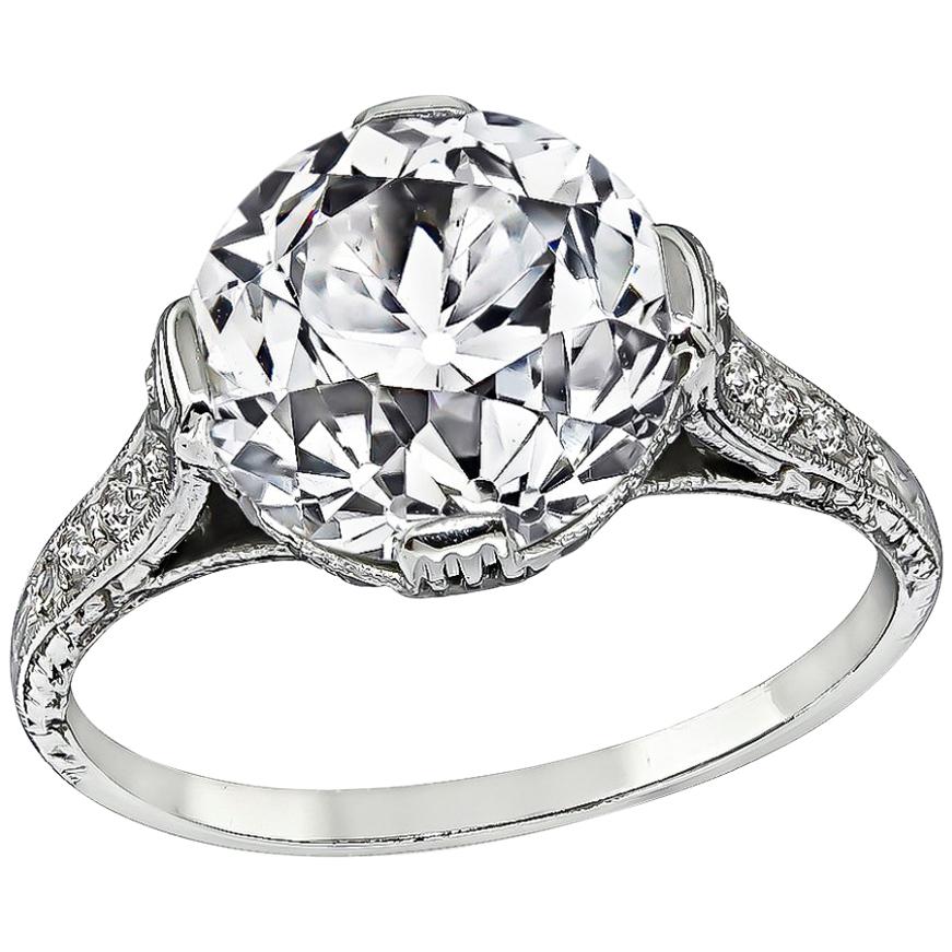 Bague de fiançailles en diamant européen ancien de 3 carats certifié par le GIA