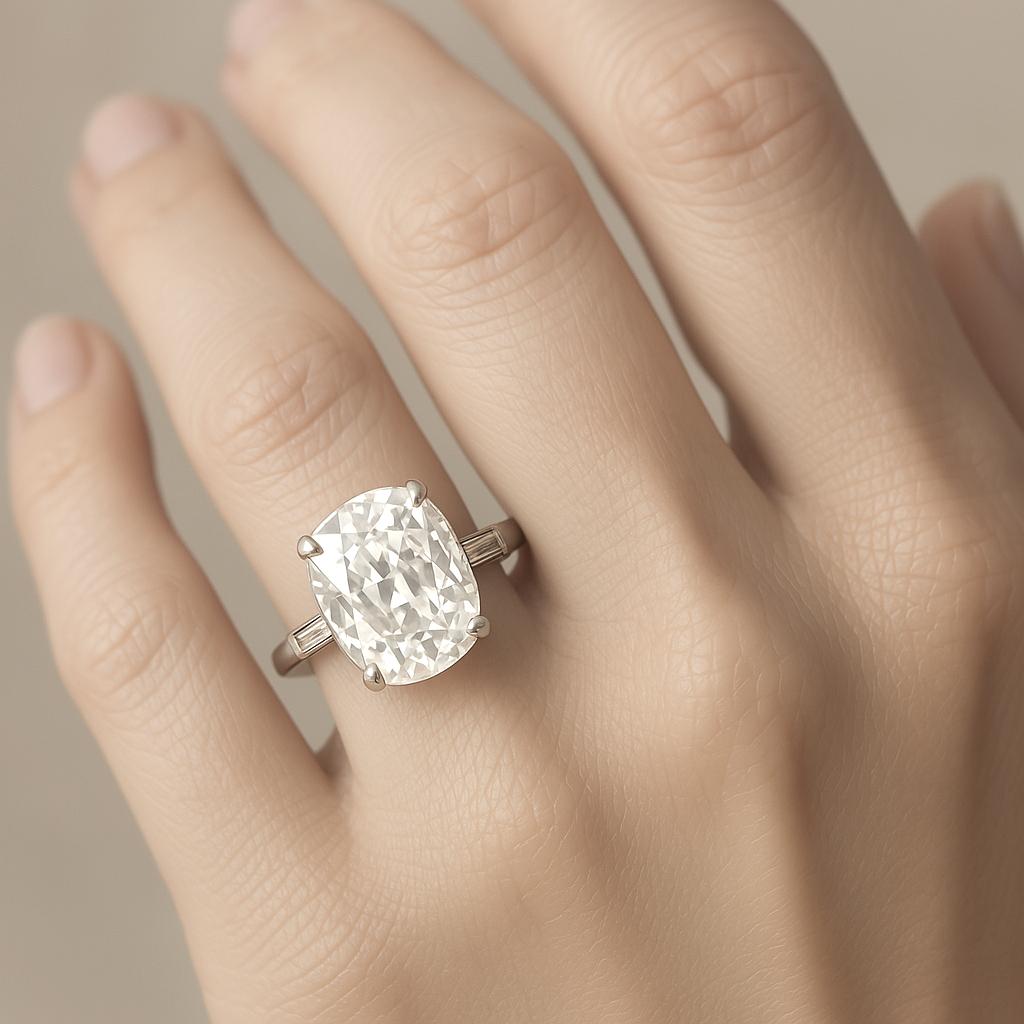 Questo squisito anello di fidanzamento presenta un raro e affascinante diamante taglio brillante Old Mine da 3 carati, certificato da GIA con un grado di colore E e un grado di purezza SI1 Il diamante centrale mostra la quintessenza del fascino