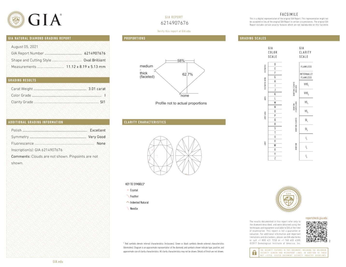 GIA certified oval diamond with side baguette diamonds.
Mounted in 18 carats white gold.
The main stone weights 3 carats. 