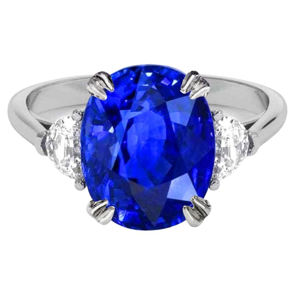 GRS Certified 4.54 Carat Oval Blue Sapphire No Heat Diamond Ring For Sale