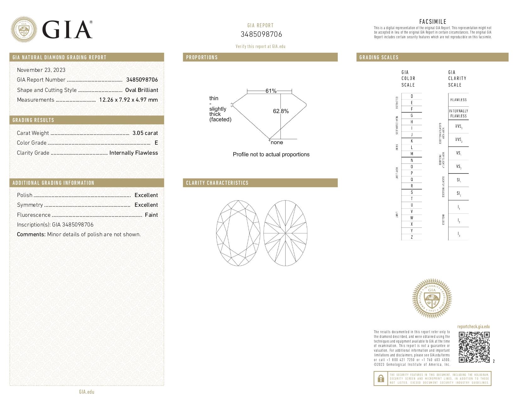 GIA Certified 3.05 Carat Oval Cut Diamond E Color IF Clarity Platinum Ring In New Condition For Sale In Chicago, IL