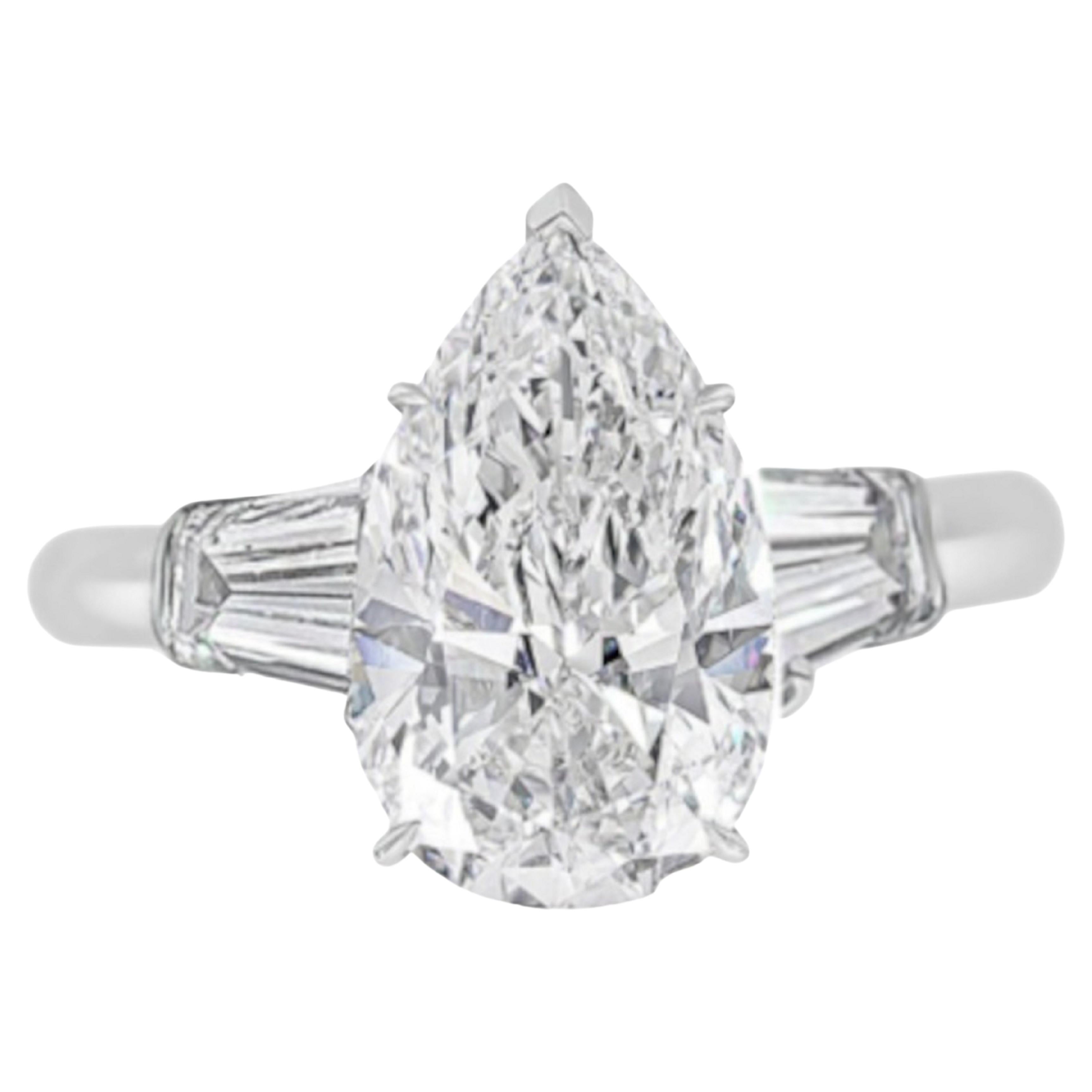 Large 3.01ct GIA certified pear cut diamond offers vibrant sparkle, a completely eye clean appearance, bright white color, and a glamorous cut. The cut is absolutely phenomenal with fantastic light performance and absolutely no bowtie! This is truly