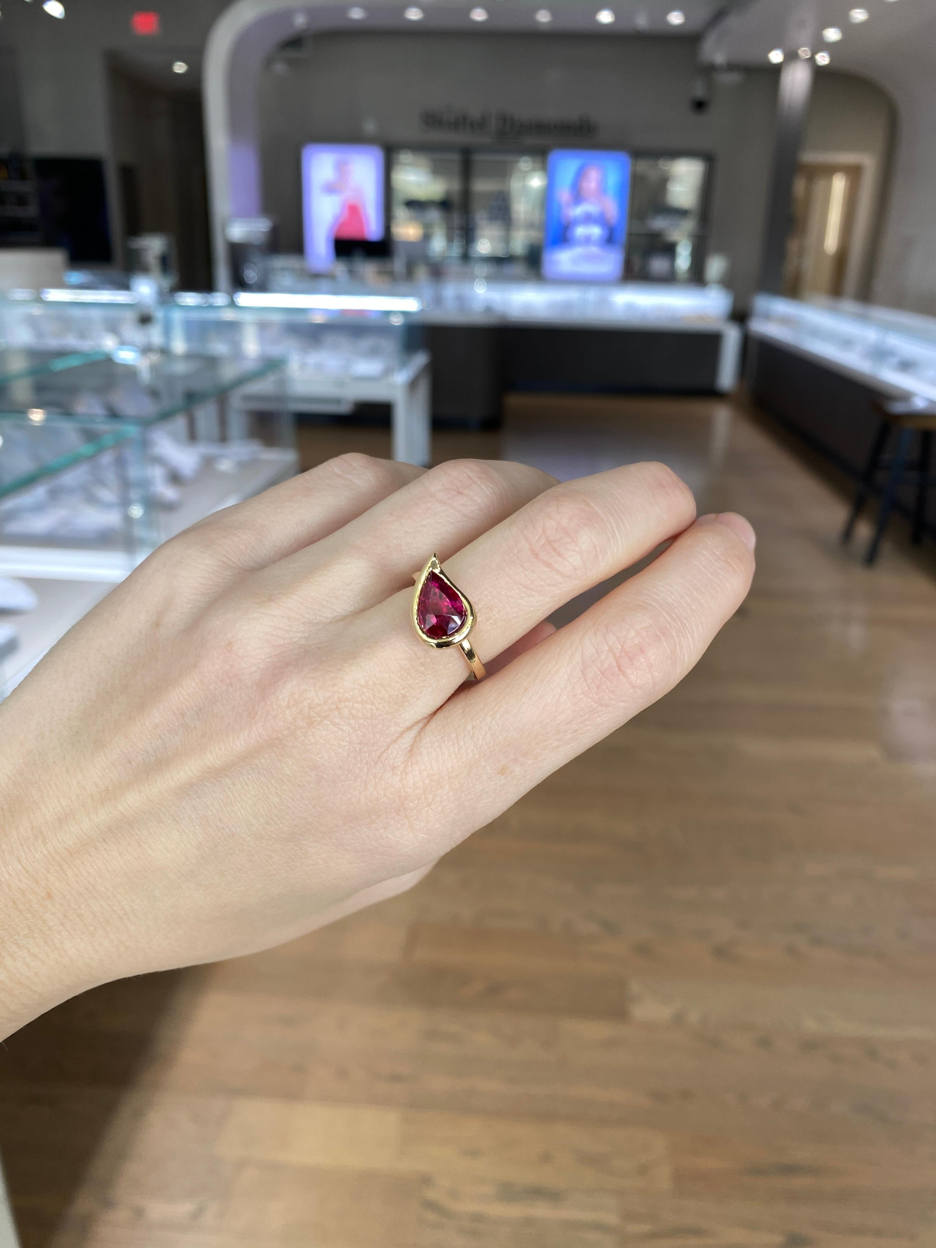 GIA Certified 3 Carat Pear Shaped Tanzanian Ruby Freeform Ring For Sale 6