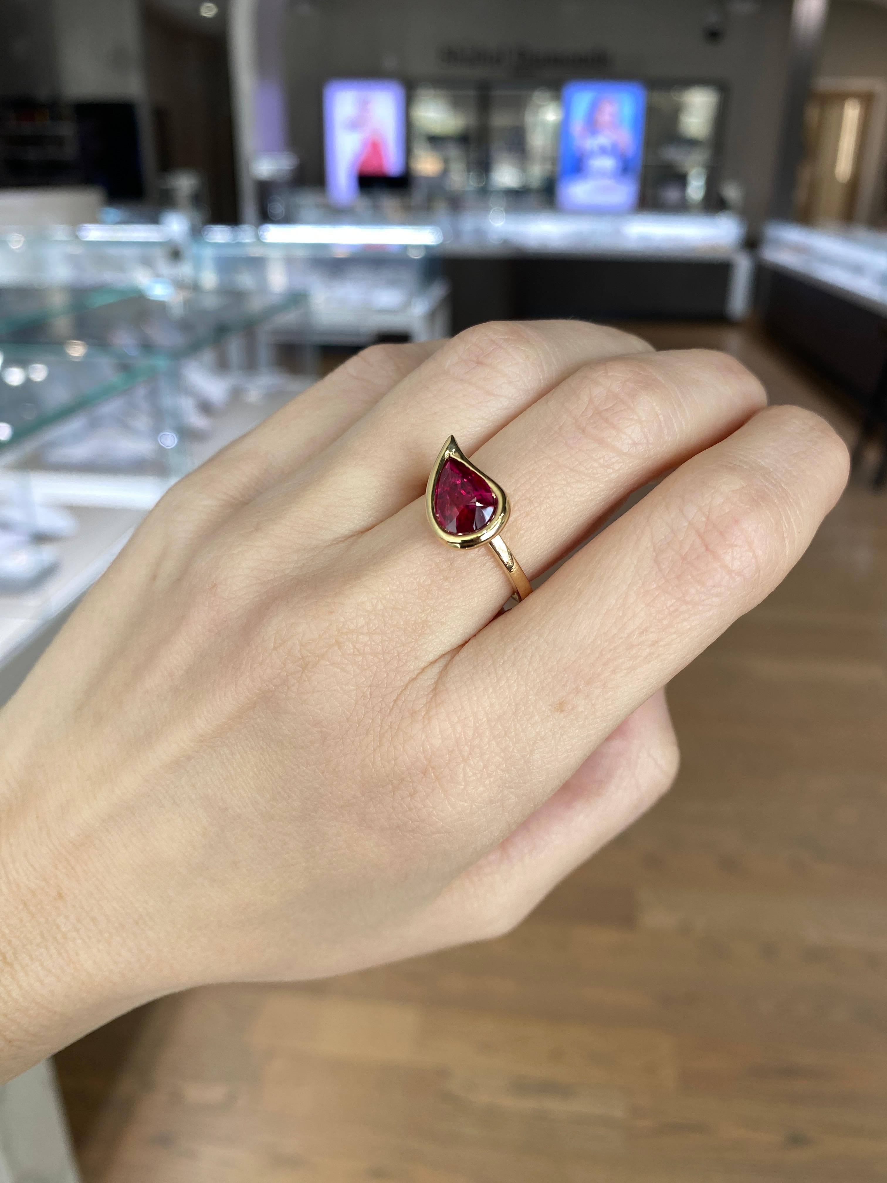 GIA Certified 3 Carat Pear Shaped Tanzanian Ruby Freeform Ring For Sale 1