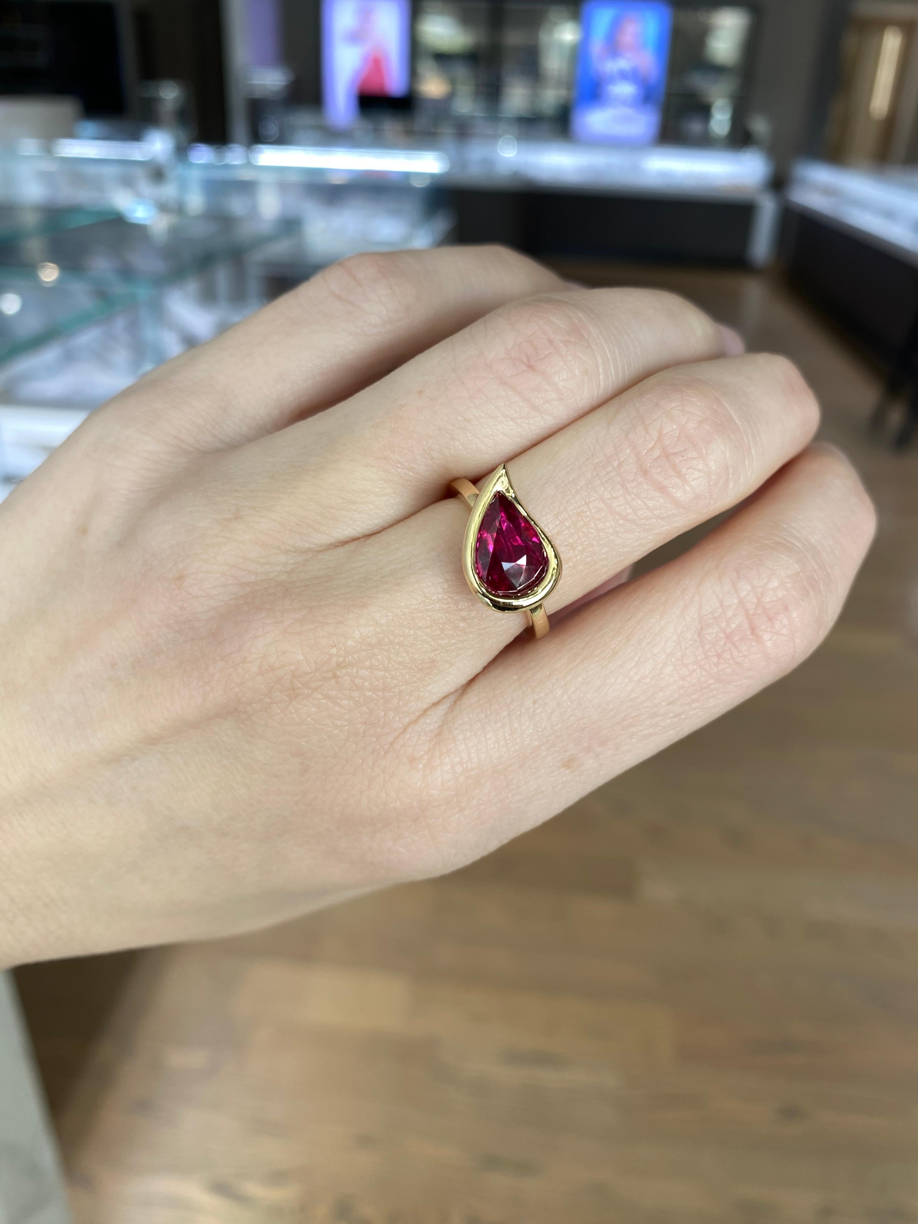 GIA Certified 3 Carat Pear Shaped Tanzanian Ruby Freeform Ring For Sale 4