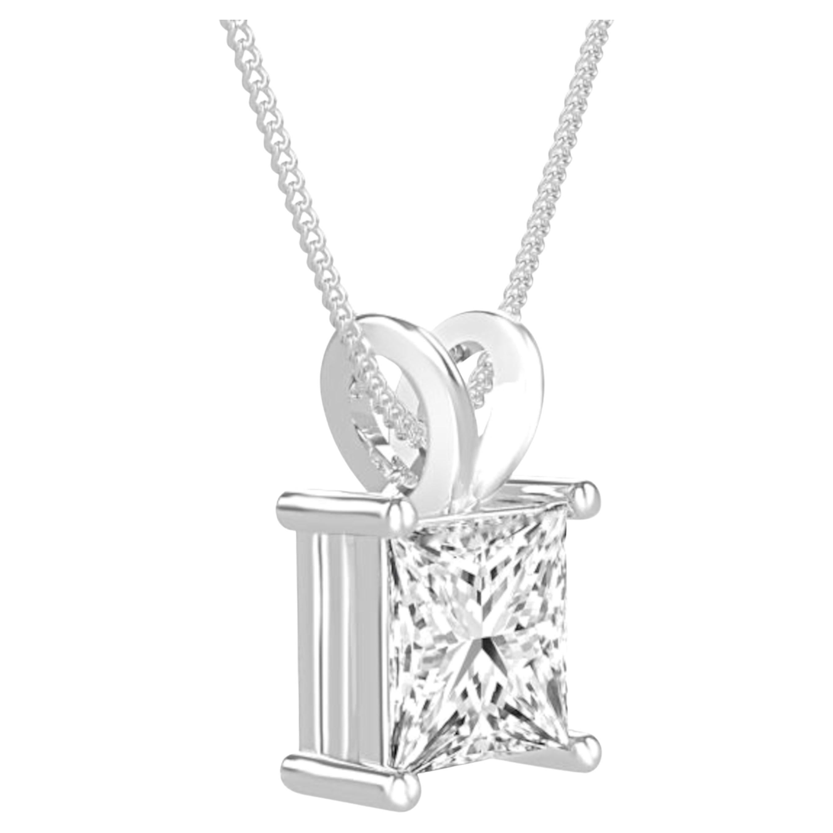 GIA Certified 3 Carat Princess Cut Diamond 14K White Gold Chain Pendant In New Condition For Sale In Chicago, IL