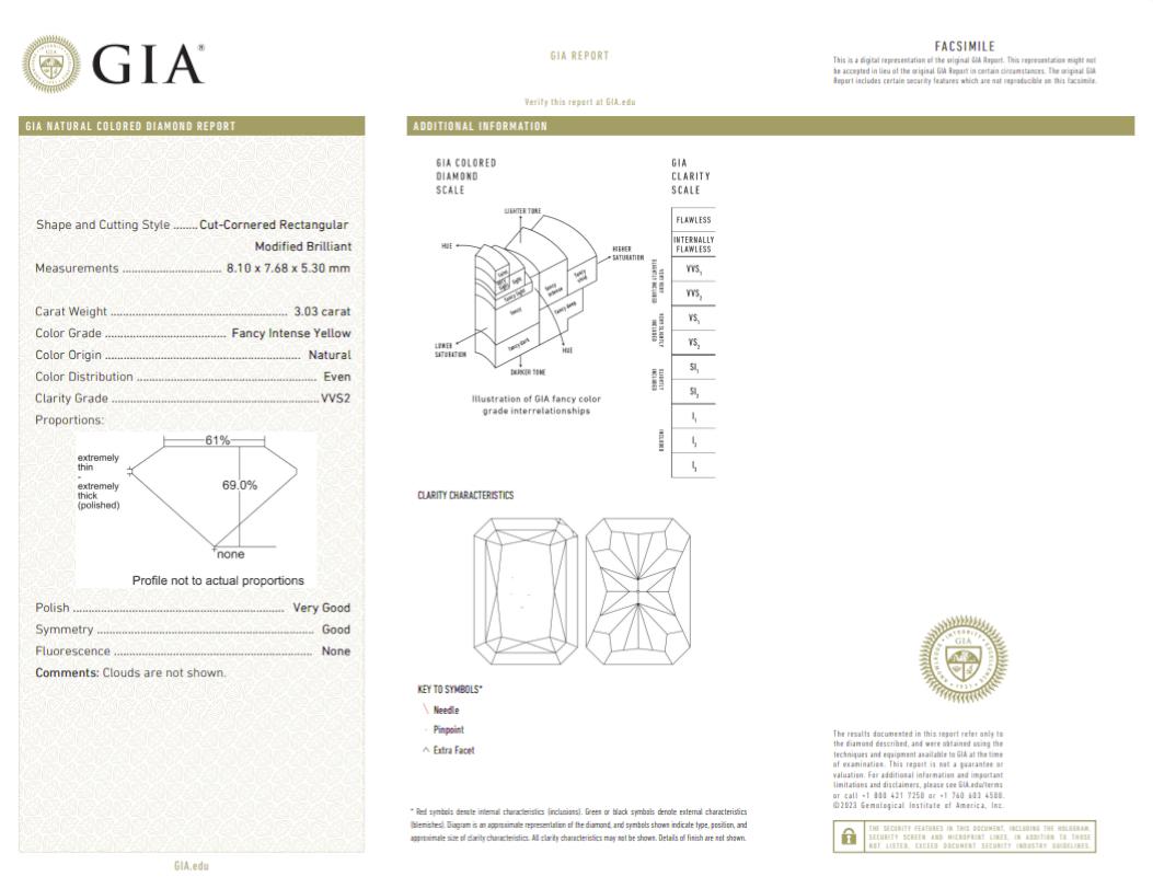 GIA Certified 3 Carat Radiant Cut Fancy Intense Yellow Diamond Ring In New Condition For Sale In Chicago, IL