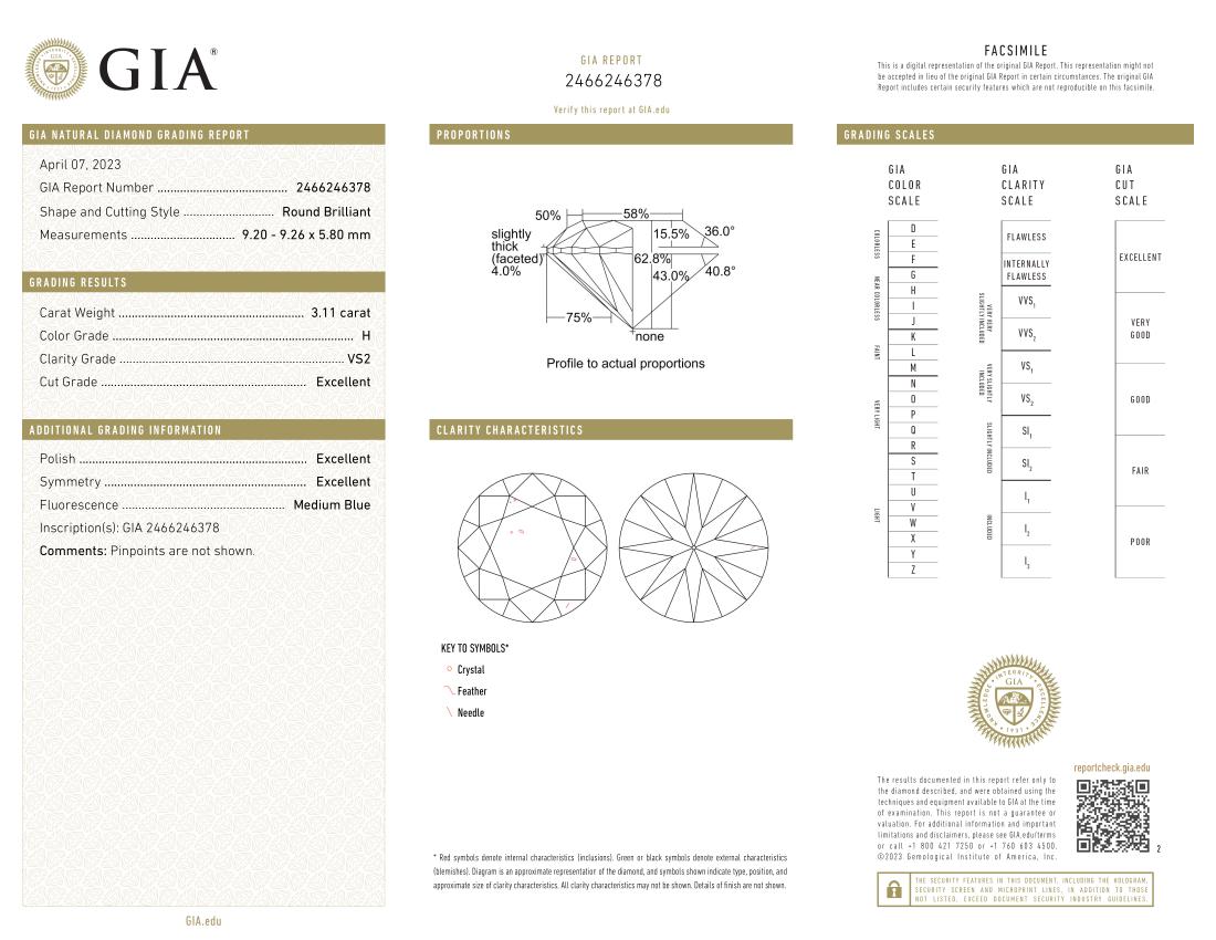 GIA-zertifizierter 3 Karat runder Diamantring mit Brillantschliff und spitz zulaufendem Baguette-Ring (Rundschliff)