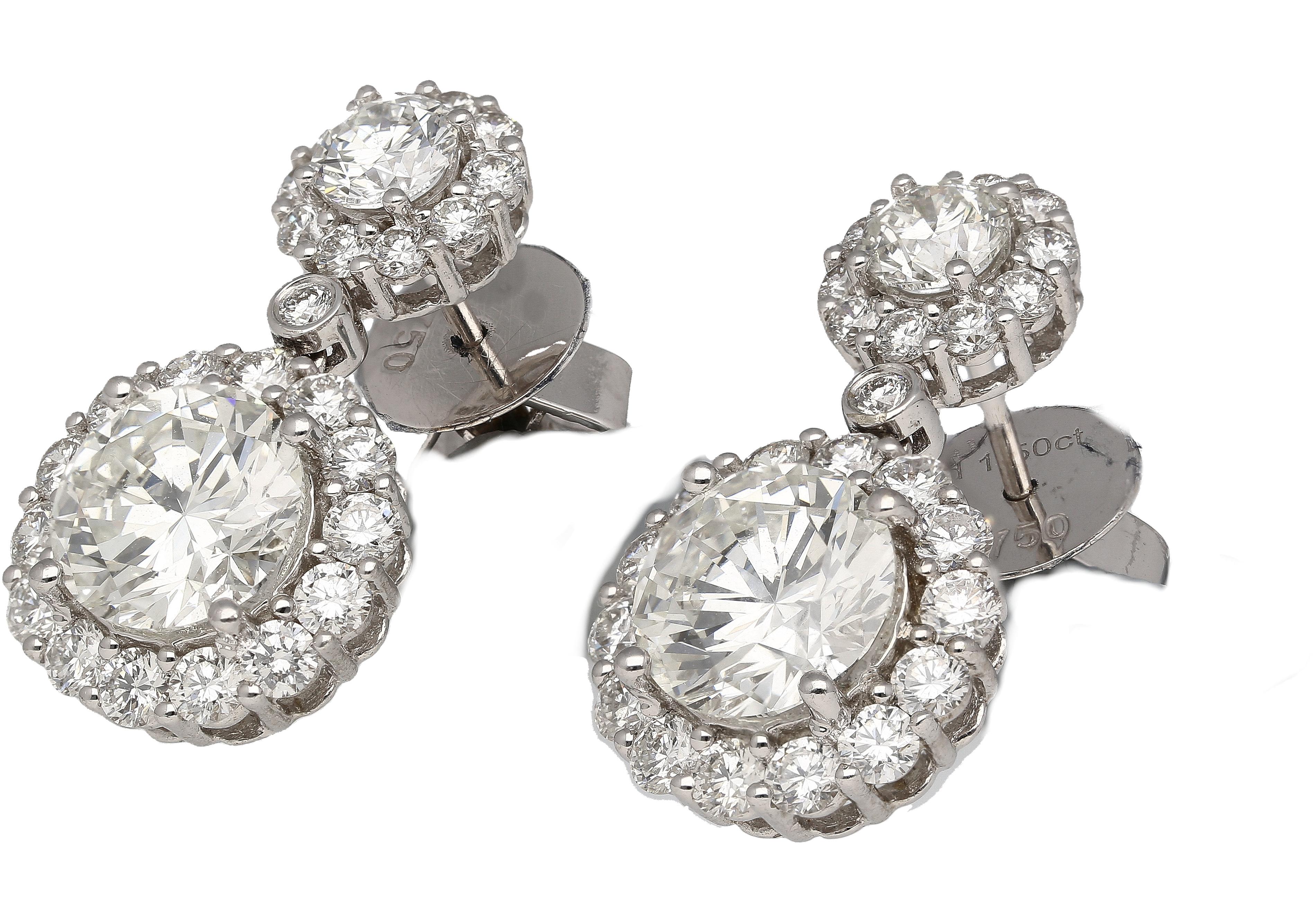 Modern GIA Certified 3 Carat Round Cut 2-Stone Diamond Drop Earrings For Sale