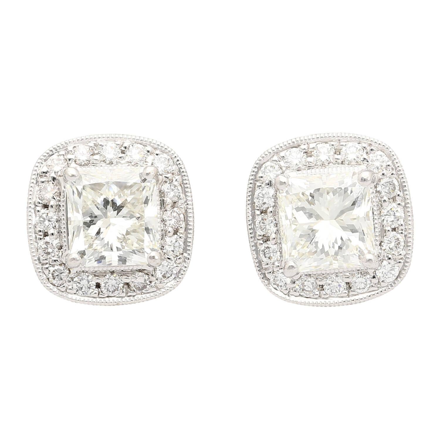 GIA Certified 3 Carat Total Radiant Cut Diamond Stud Earrings in 18k White Gold For Sale 2