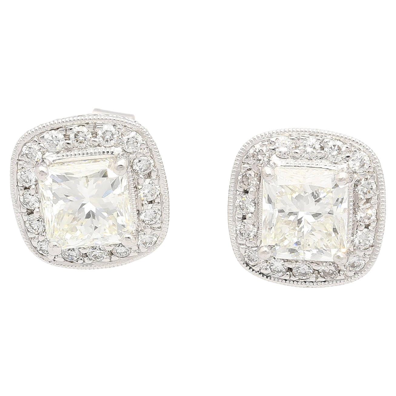 GIA Certified 3 Carat Total Radiant Cut Diamond Stud Earrings in 18k White Gold For Sale