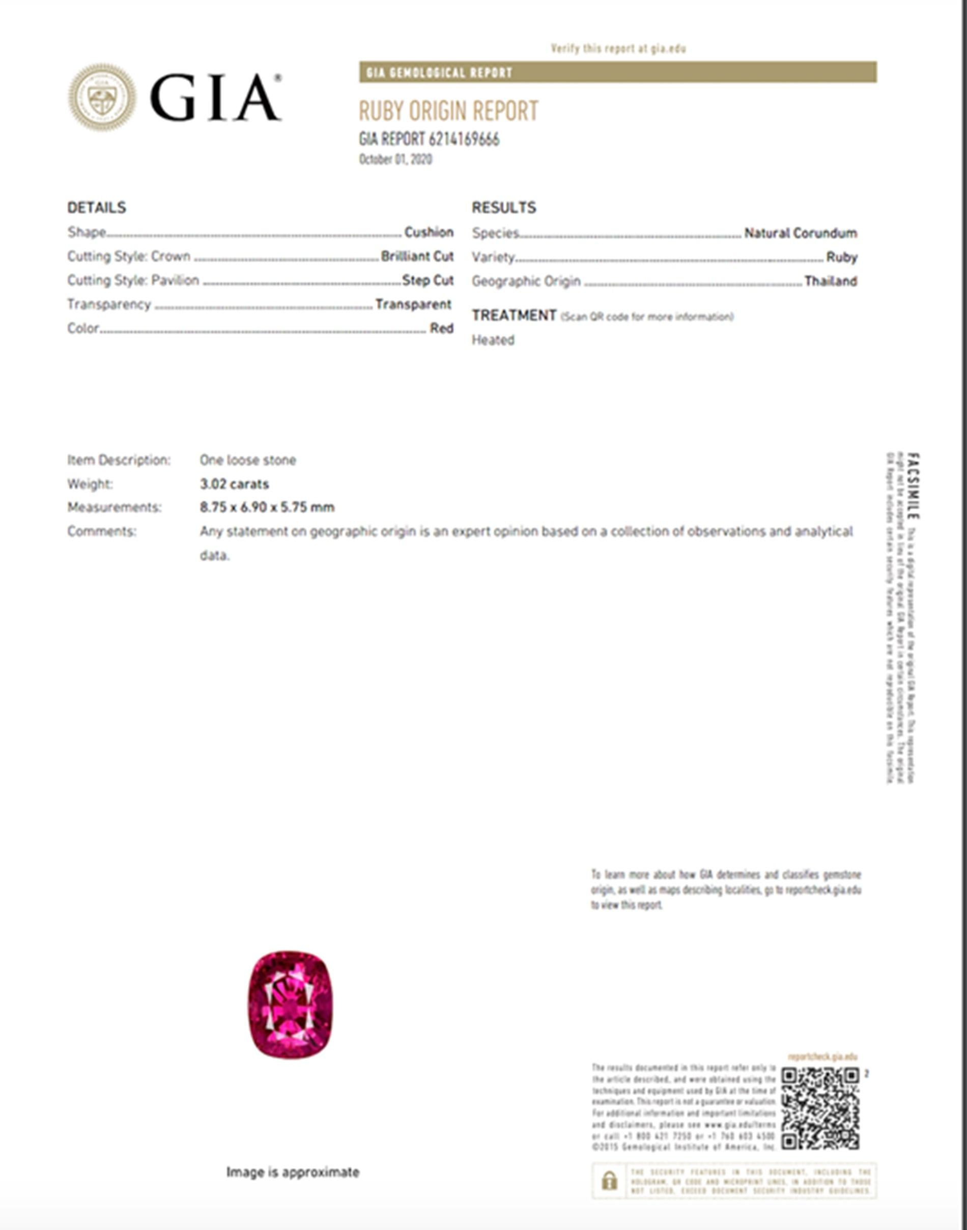 Cushion Cut GIA Certified 3.02 Carat Vivid Red Ruby Diamond Platinum and Gold Ring For Sale