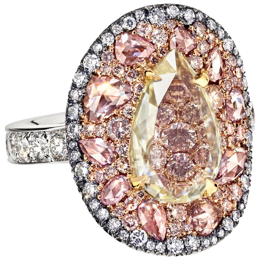 GIA Certified 3 Ct. Pear Shape Rose-Cut Diamond Pink, Blue Diamond Cocktail Ring