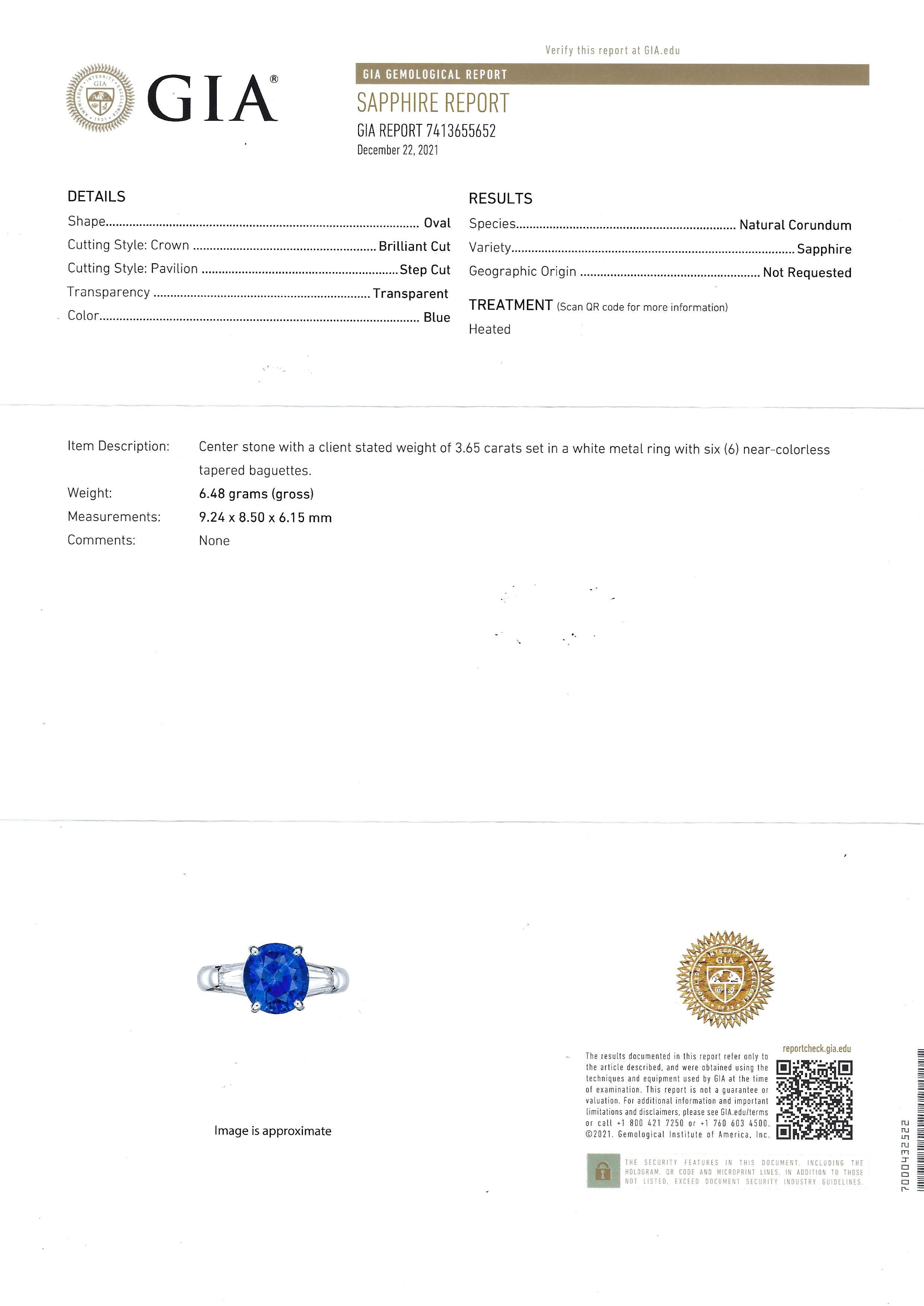 GIA Certified 3 Cts Blue Sapphire with Diamond Ring Set in 18 Karat White Gold For Sale 12