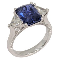 GIA Certified 3-Stone Emerald Cut Sapphire White Diamond Platinum Ring