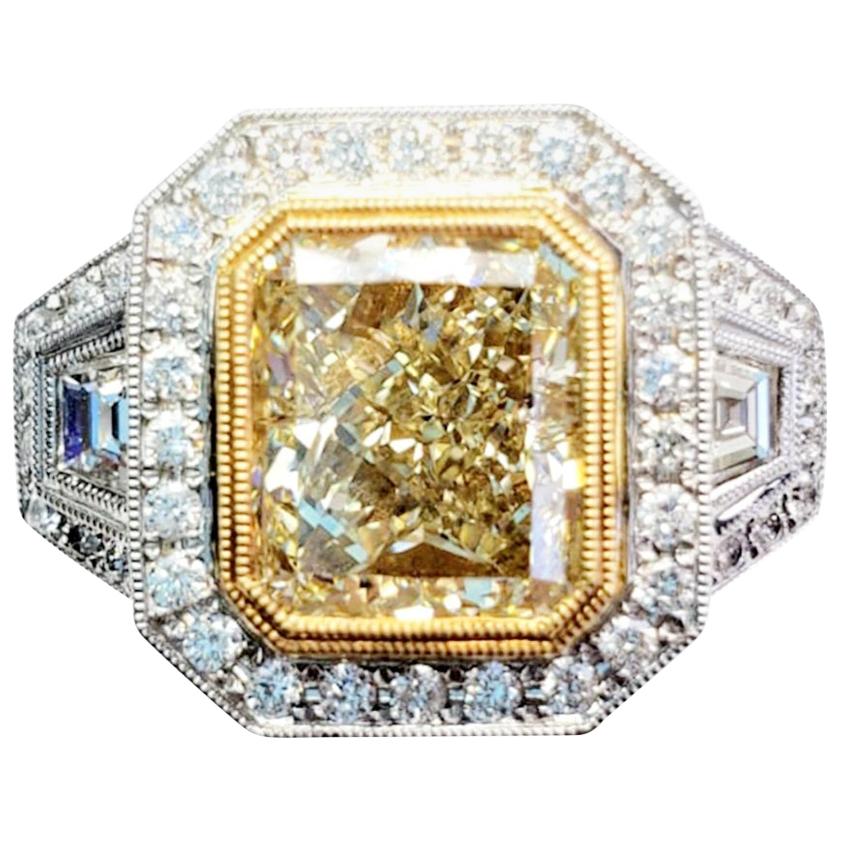GIA Certified, 3-Stone Natural Yellow Diamond and White Diamond Fashion Ring For Sale