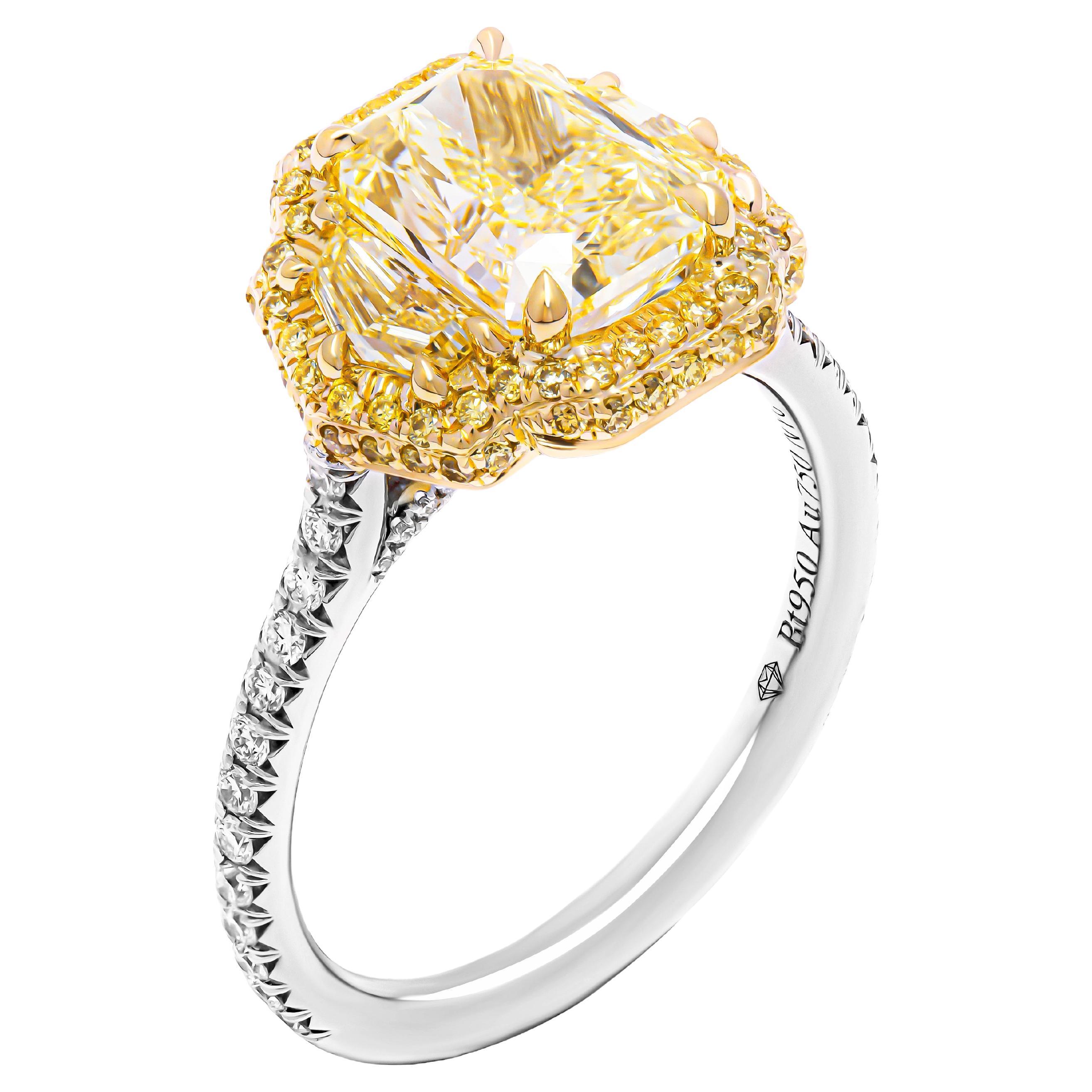 GIA Certified 3 Stone Ring with 2.14ct Fancy Light Yellow Radiant