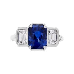 GIA Certified 3 Stone Ring with 3.31ct Blue Sapphire