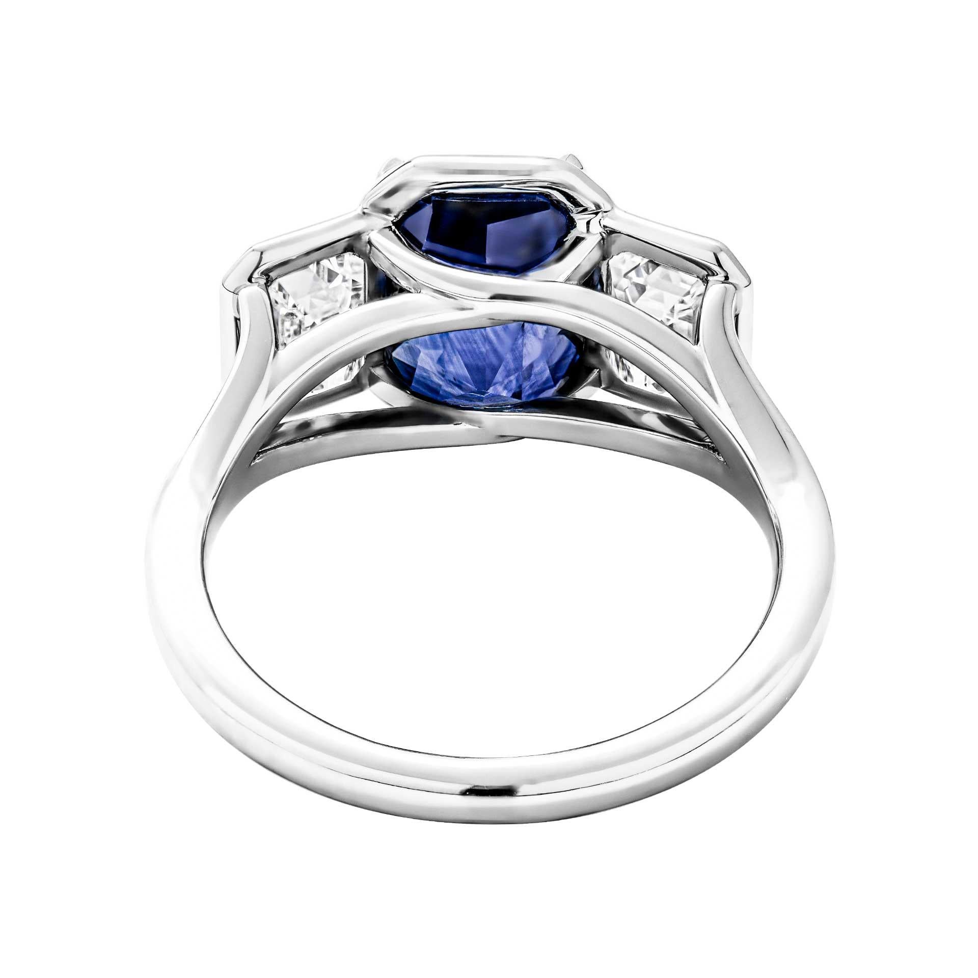 Radiant Cut GIA Certified 3 Stone Ring with 3.31ct Blue Sapphire For Sale