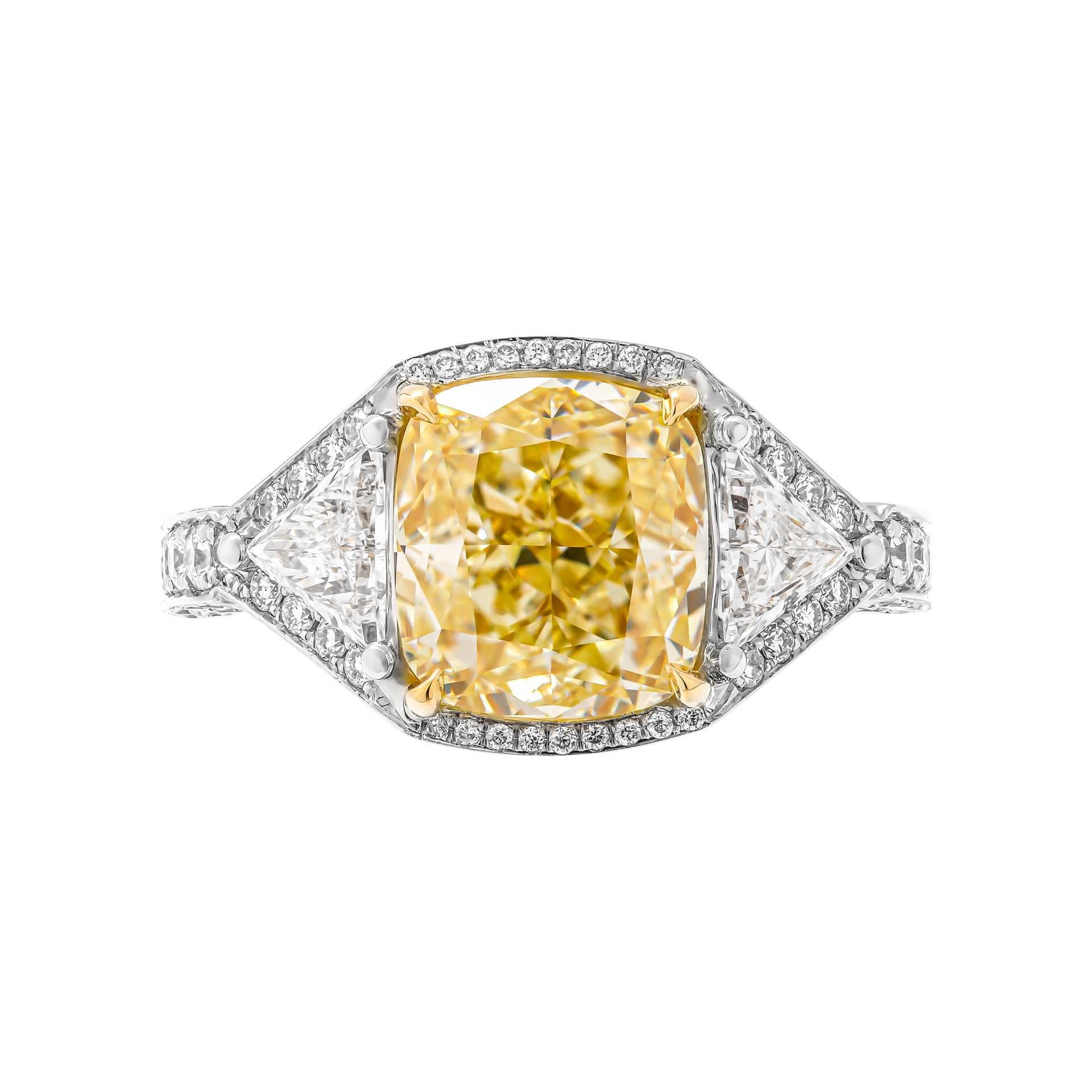 Mounted in handmade custom design setting featuring Platinum 950 & 18k Yellow Gold, 5 rows of diamonds on the shank and fancy diamond gallery under each stone, a true piece of art
Halo around each tone makes it appear larger and high end. Setting