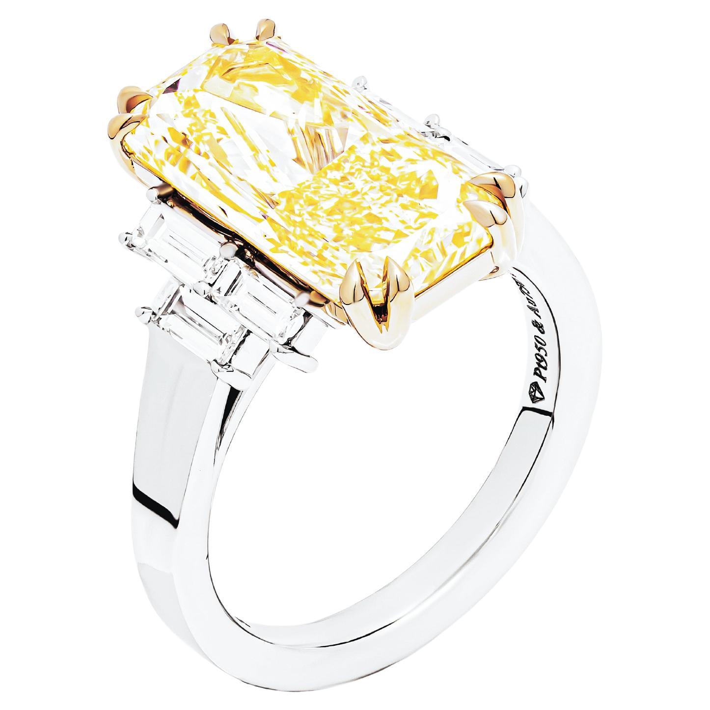 GIA Certified 3 Stone Ring with 5.00ct Fancy Light Yellow Radiant Cut For Sale