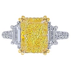 GIA Certified 3 Stone Ring with 5.02ct Fancy Intense Yellow Radiant Cut