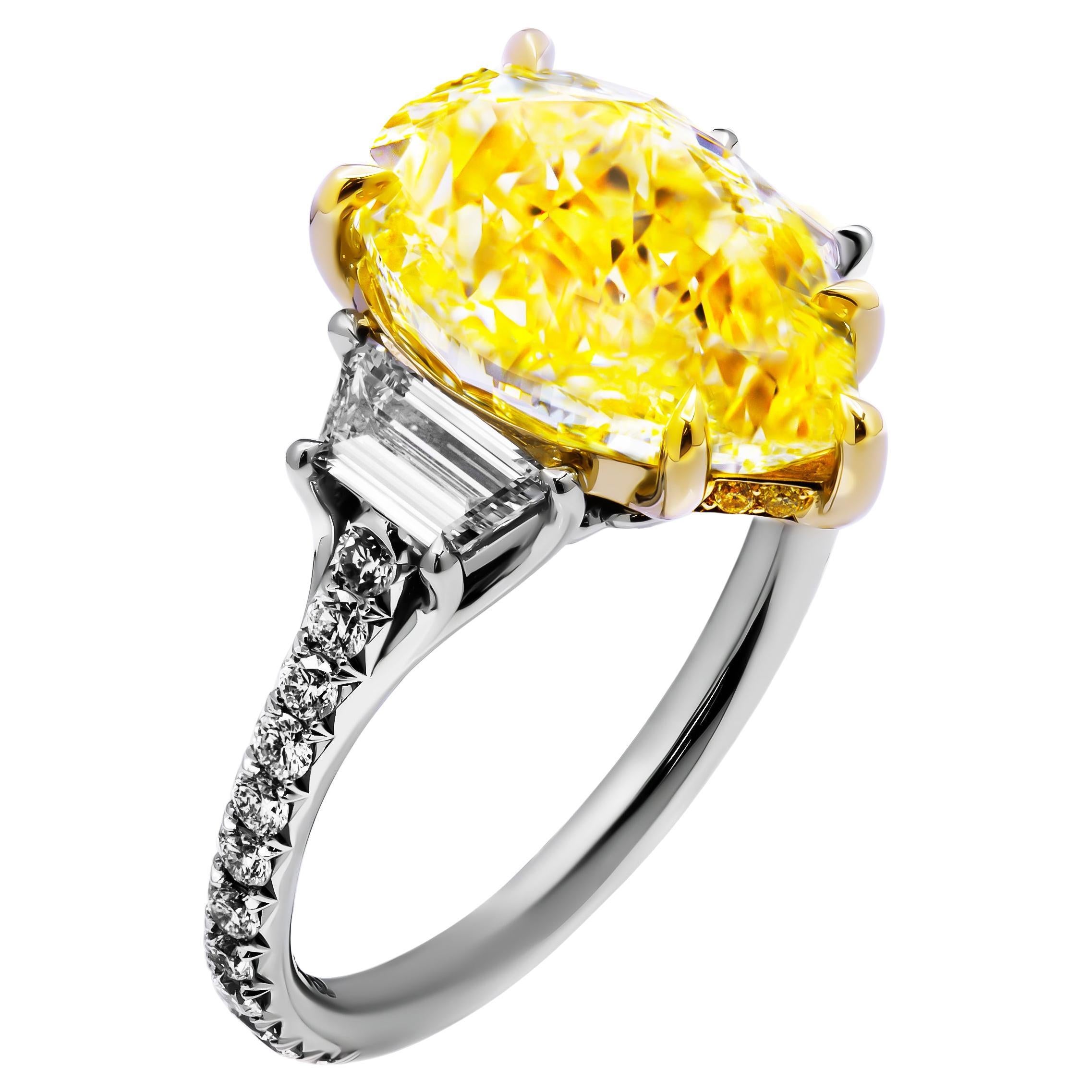 GIA Certified 3 Stone Ring with 5.02ct Fancy Light Yellow Pear Shape Diamond