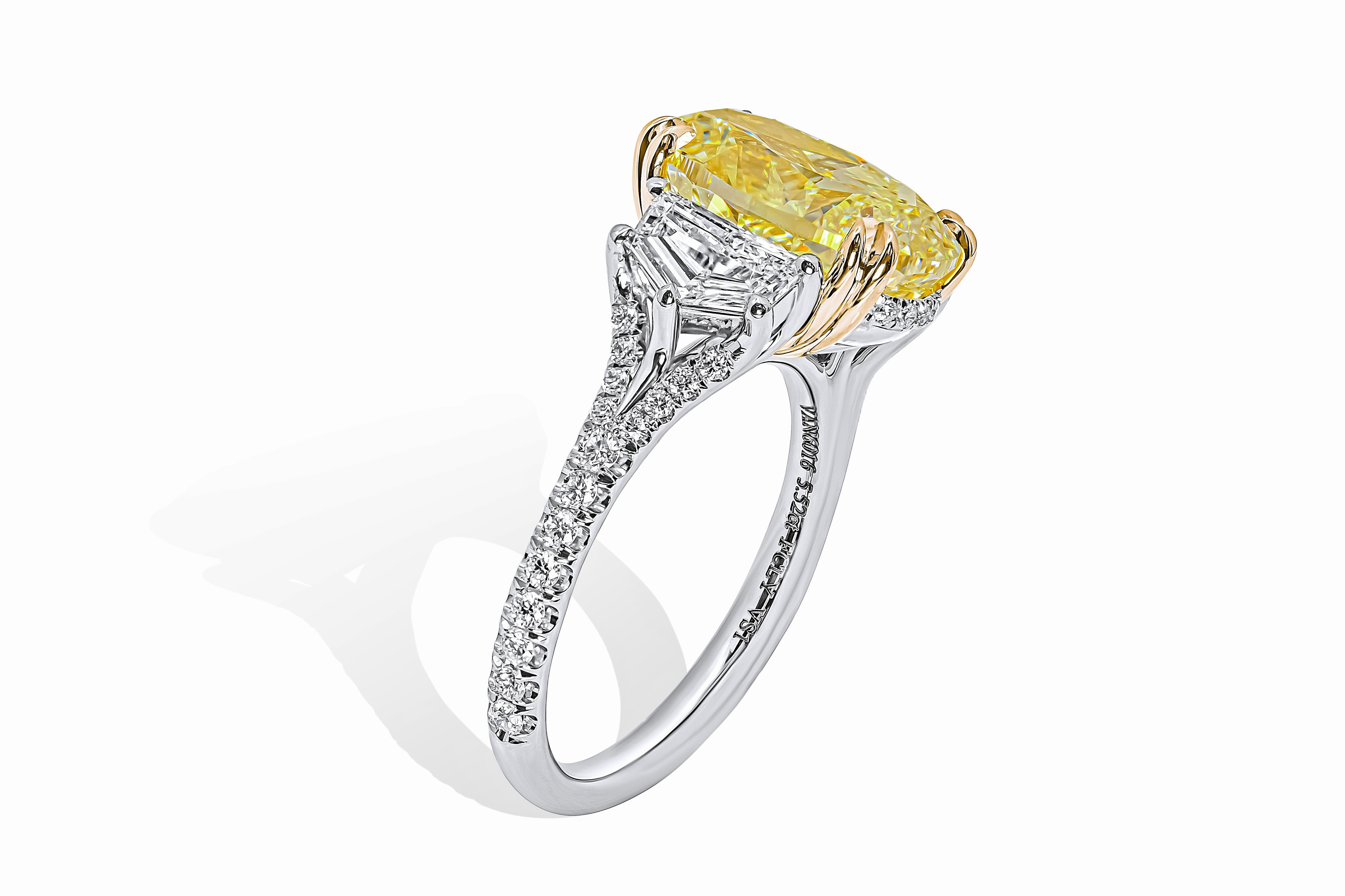 Oval Cut GIA Certified 3 Stone Ring with 5.52ct Fancy Yellow  VS1  Oval Diamond