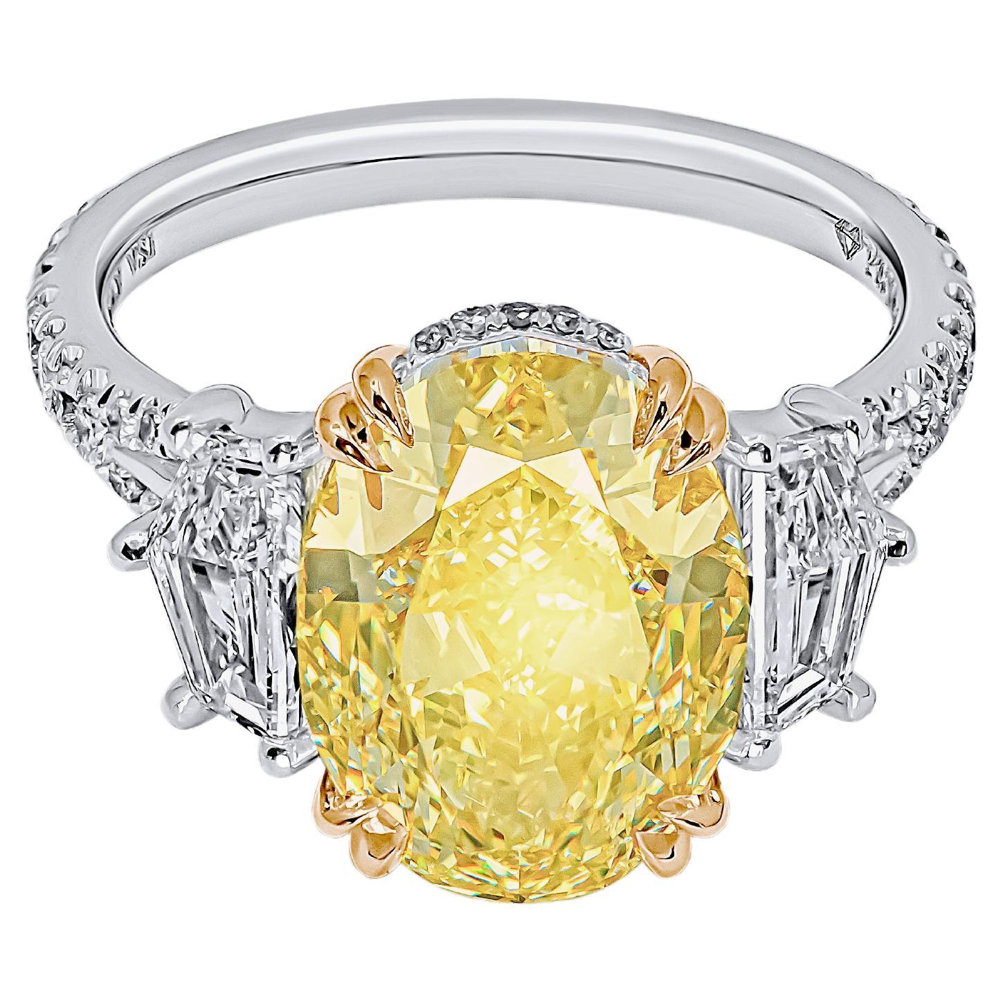 GIA Certified 3 Stone Ring with 5.52ct Fancy Yellow  VS1  Oval Diamond