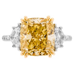 GIA Certified 3-Stone Ring with 6.01ct, Fancy Brownish Yellow SI1 Cushion
