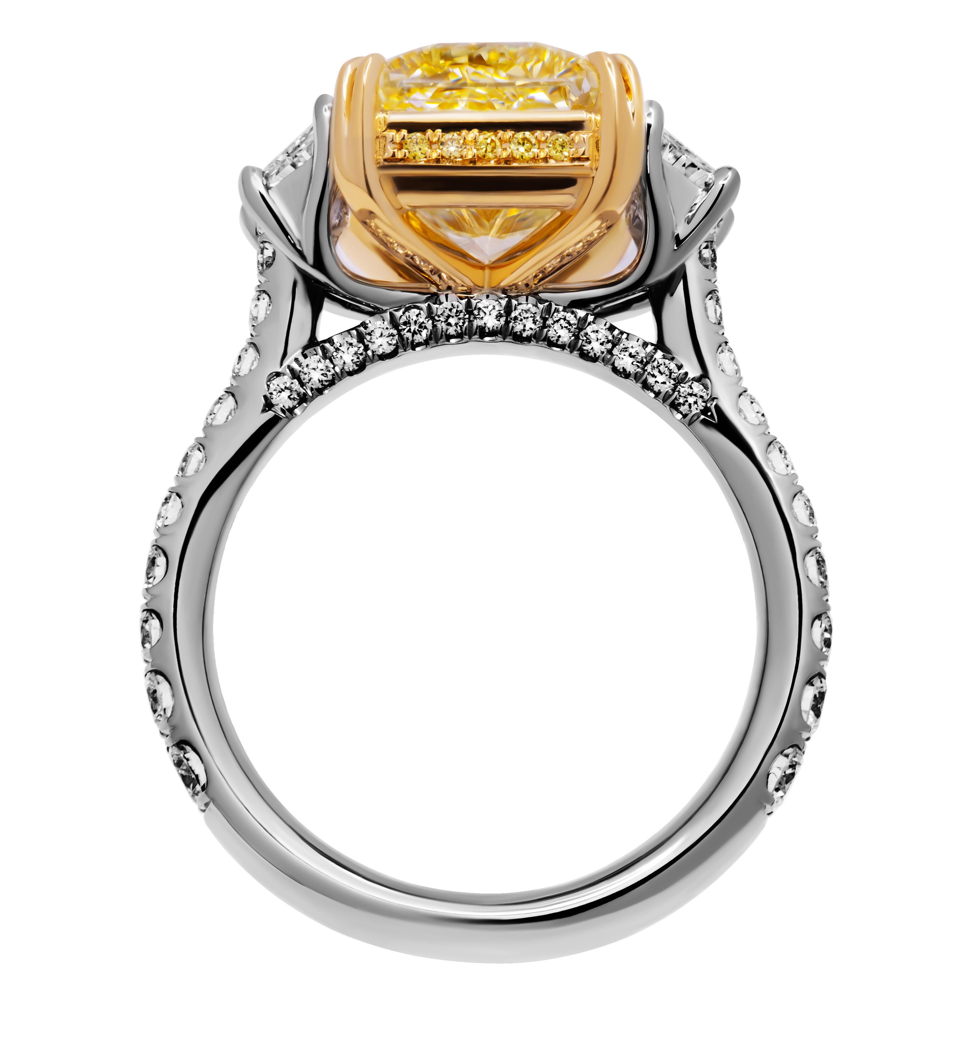 Radiant Cut GIA Certified 3 stone Ring with 6.01ct Fancy Yellow Radiant Diamond For Sale