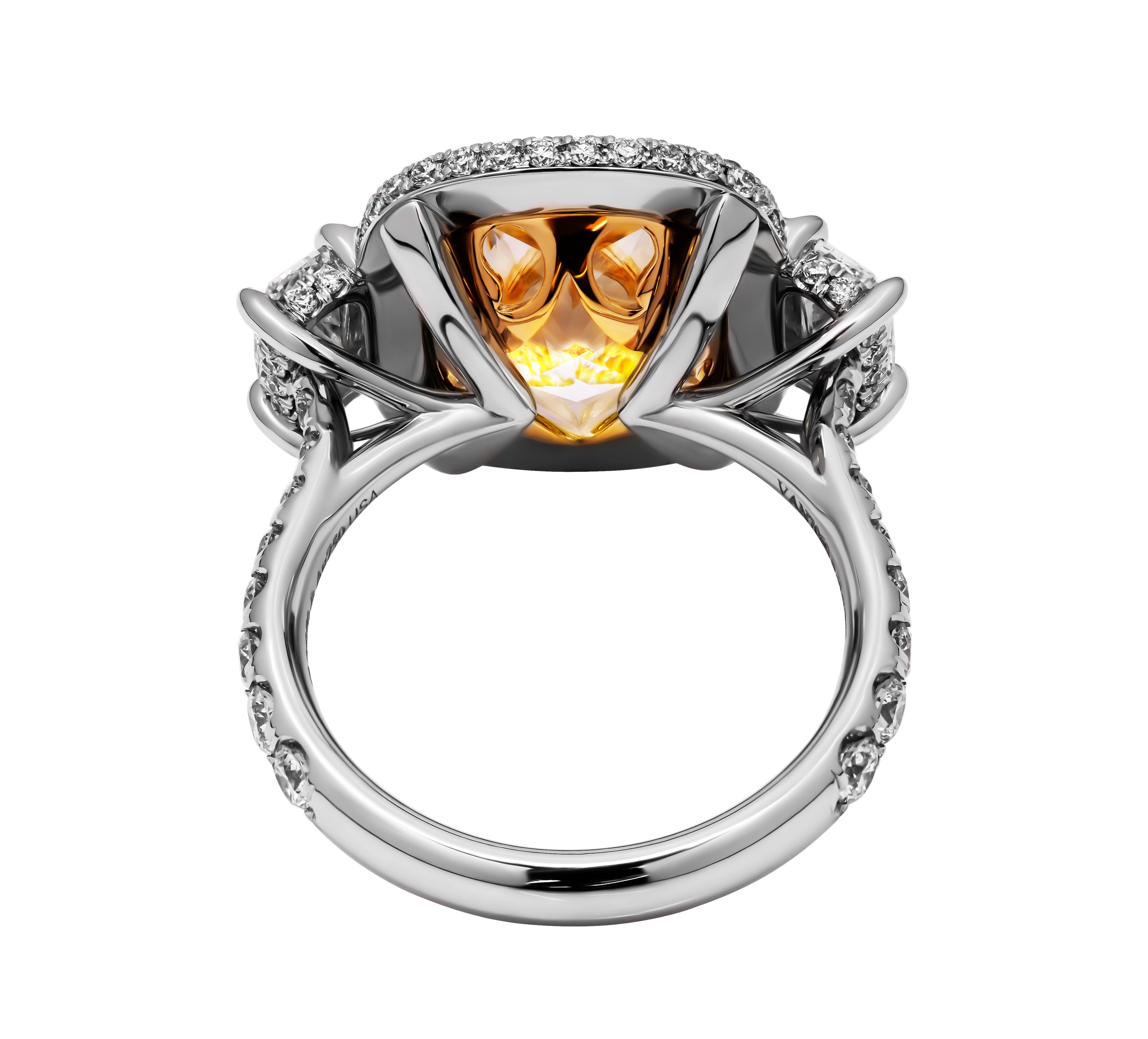 Modern GIA Certified 3 stone ring with 6.31ct Fancy Light Yellow Cushion Cut Diamond For Sale