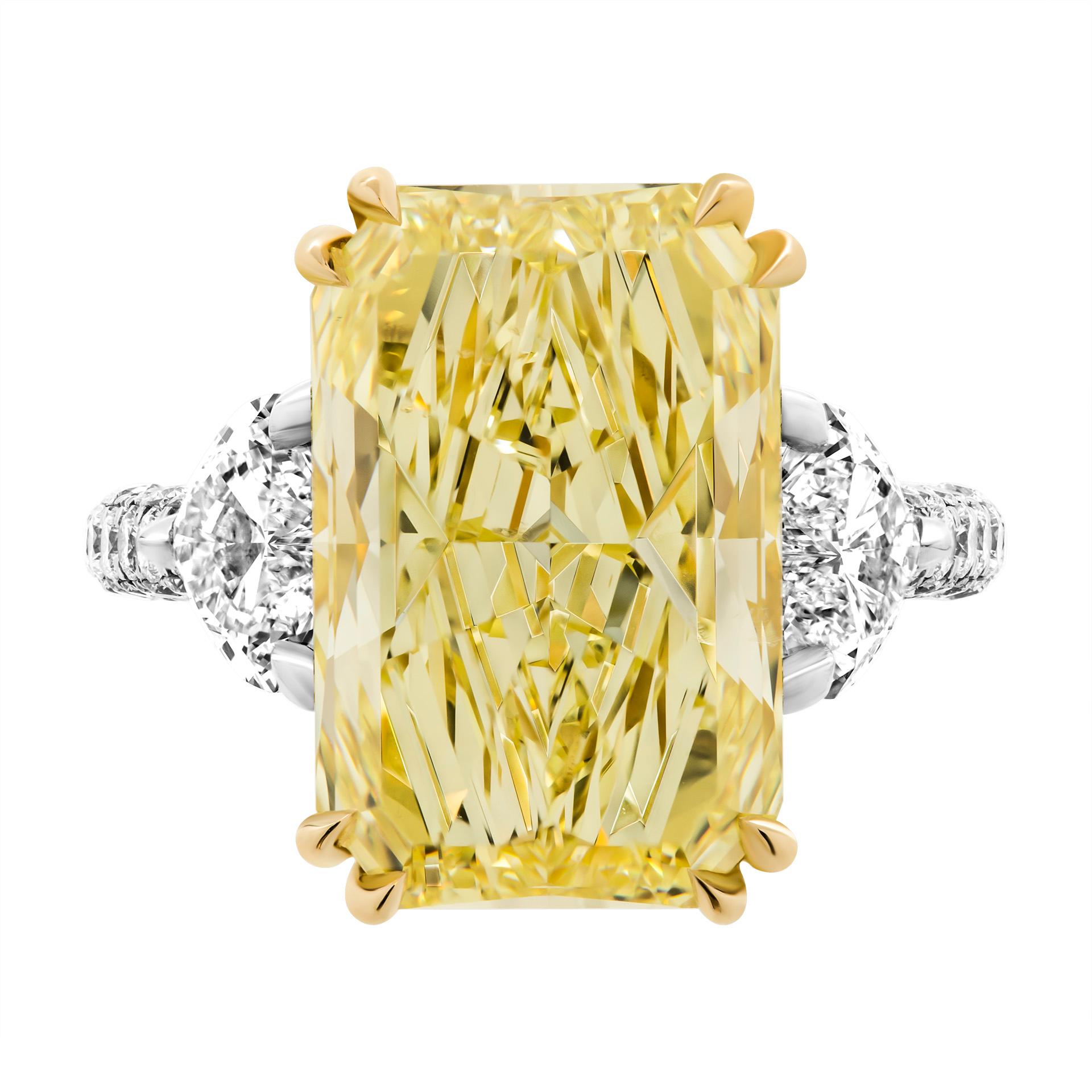 Modern GIA Certified 3 Stone Ring with 8.10ct Fancy Yellow Radiant Cut Diamond